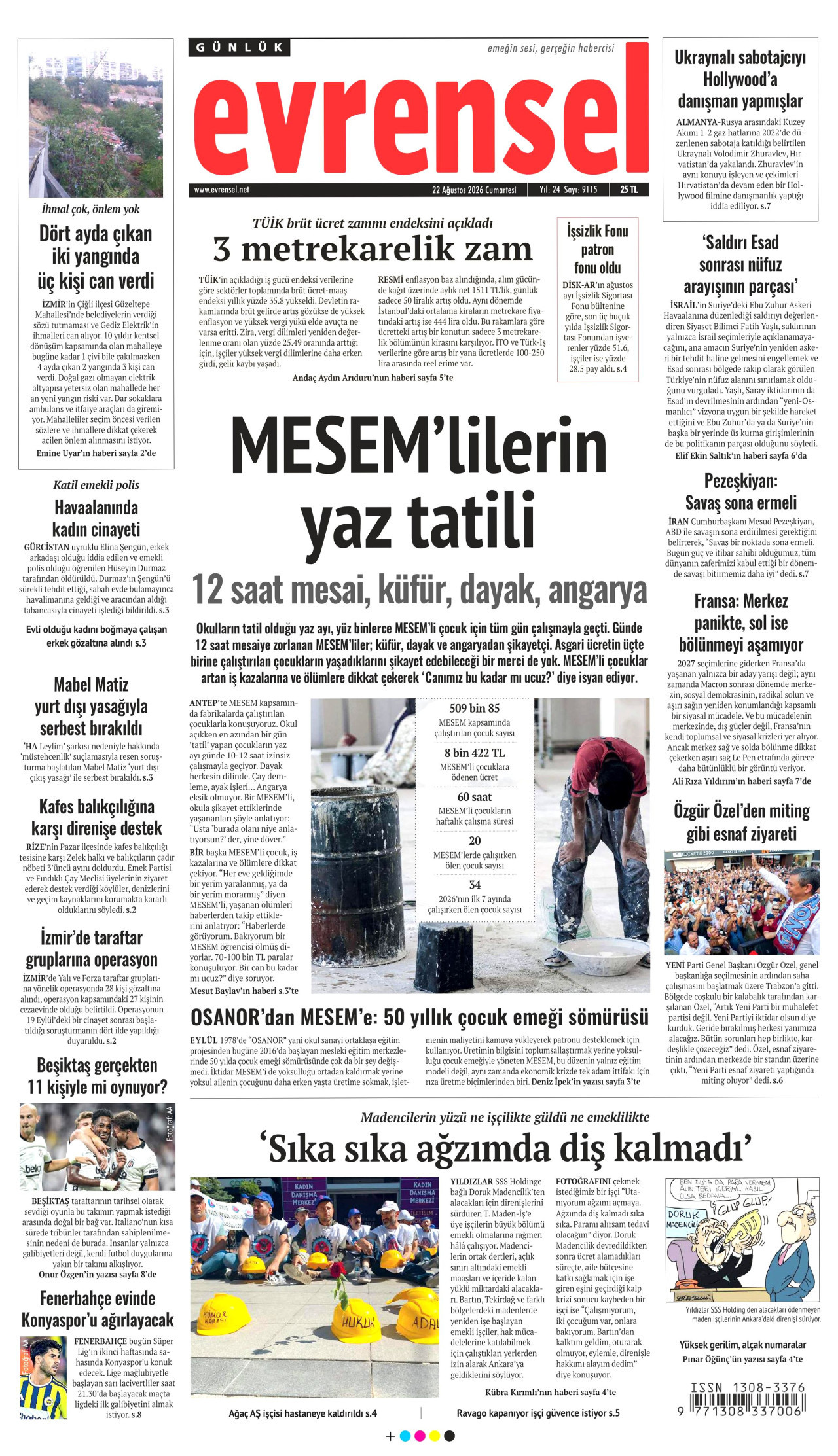 EVRENSEL gazetesinin 22 Ağustos 2026 tarihli birinci sayfası