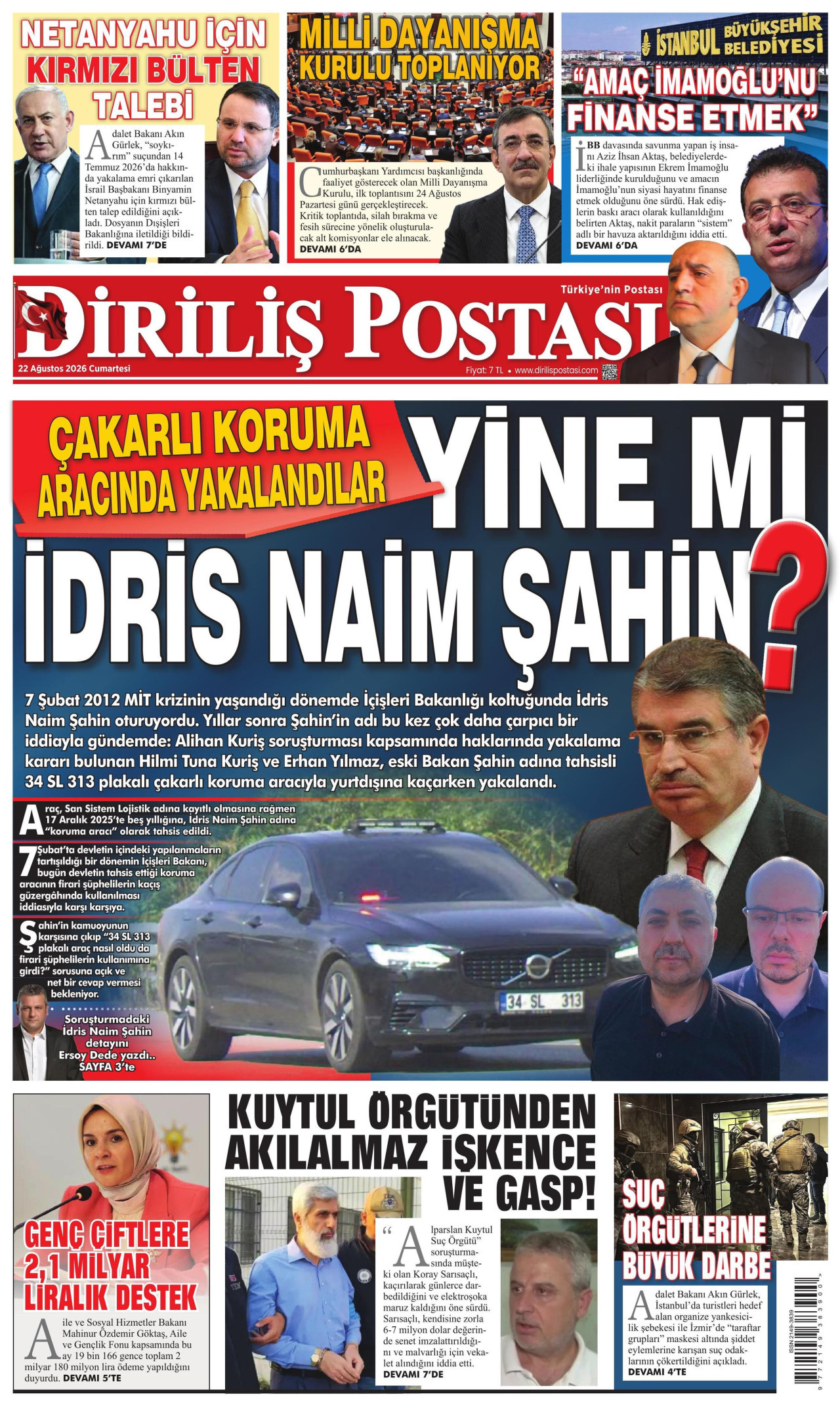 DİRİLİŞ POSTASI gazetesinin 22 Ağustos 2026 tarihli birinci sayfası