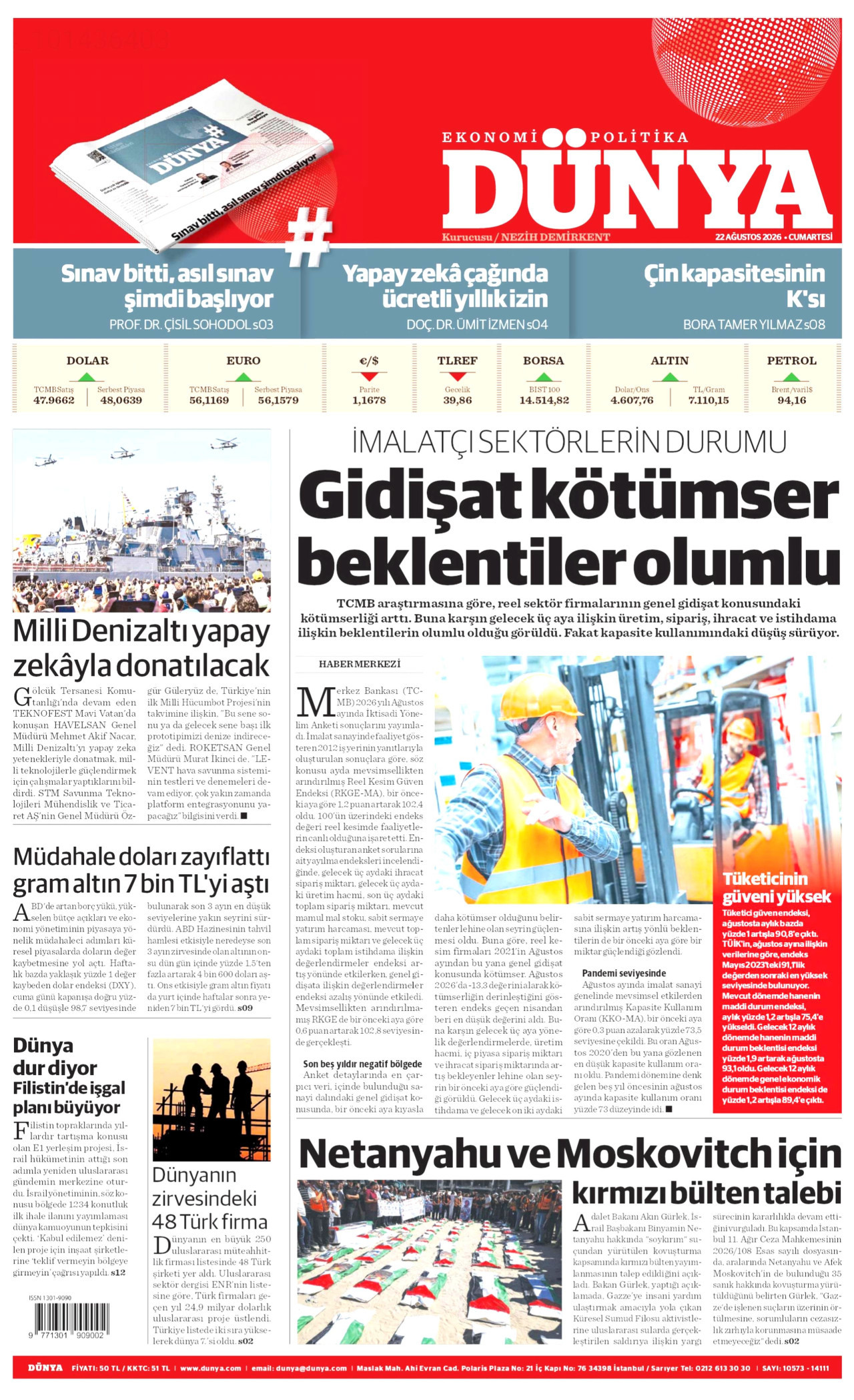 DÜNYA gazetesinin 22 Ağustos 2026 tarihli birinci sayfası