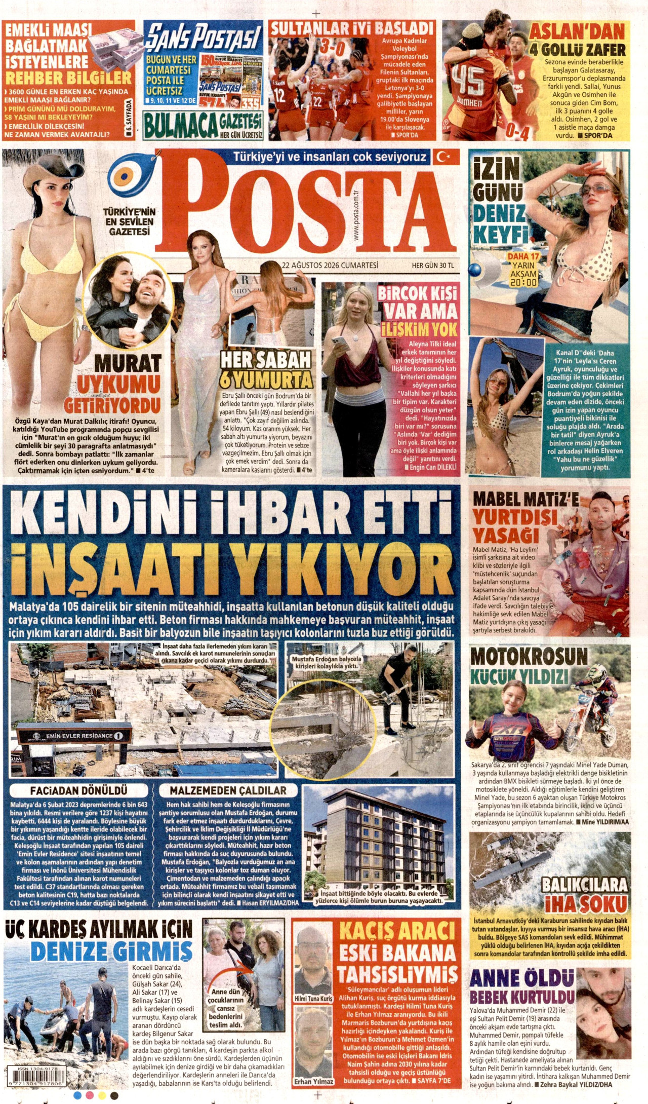 POSTA gazetesinin 22 Ağustos 2026 tarihli birinci sayfası
