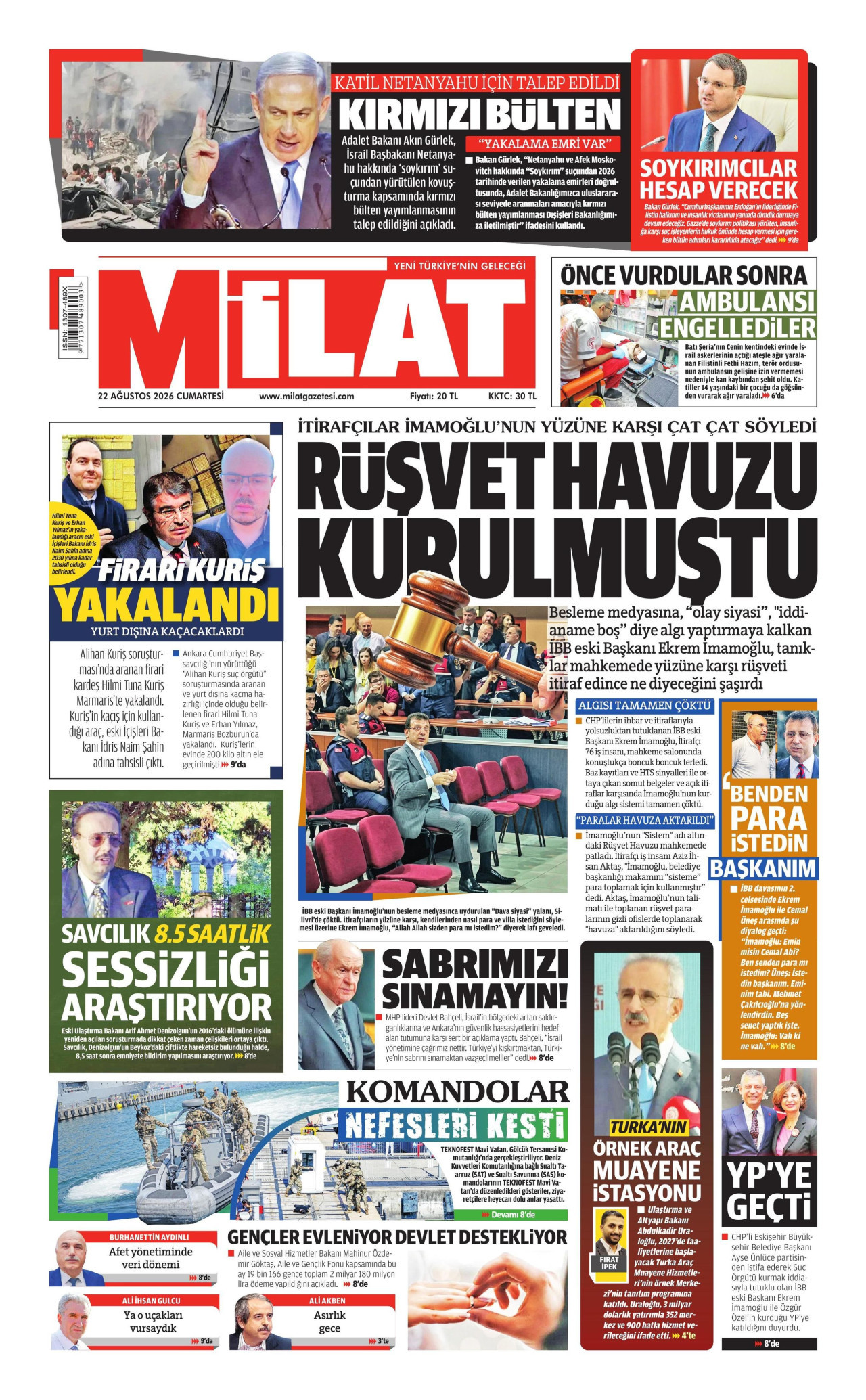 MİLAT gazetesinin 22 Ağustos 2026 tarihli birinci sayfası