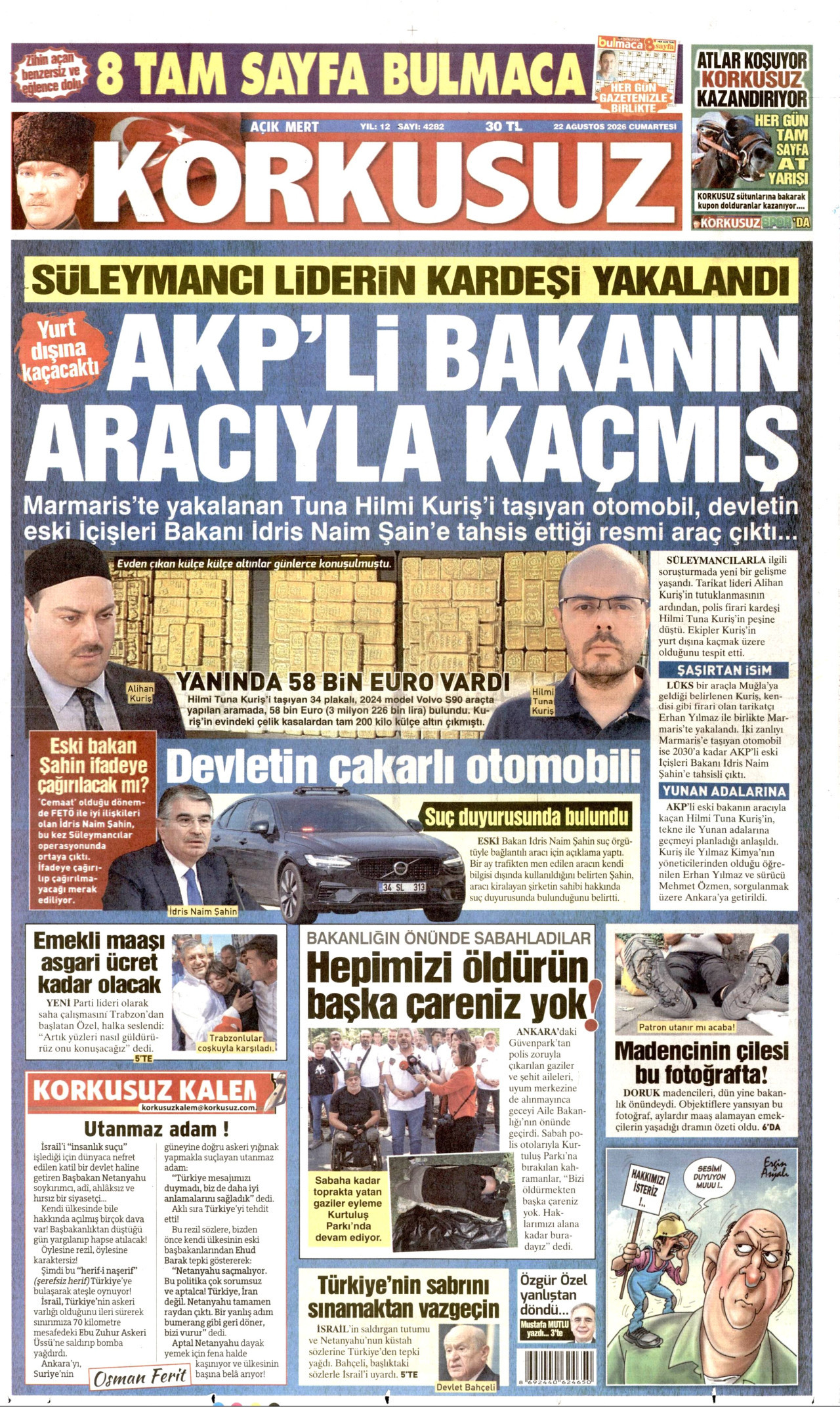 KORKUSUZ gazetesinin 22 Ağustos 2026 tarihli birinci sayfası