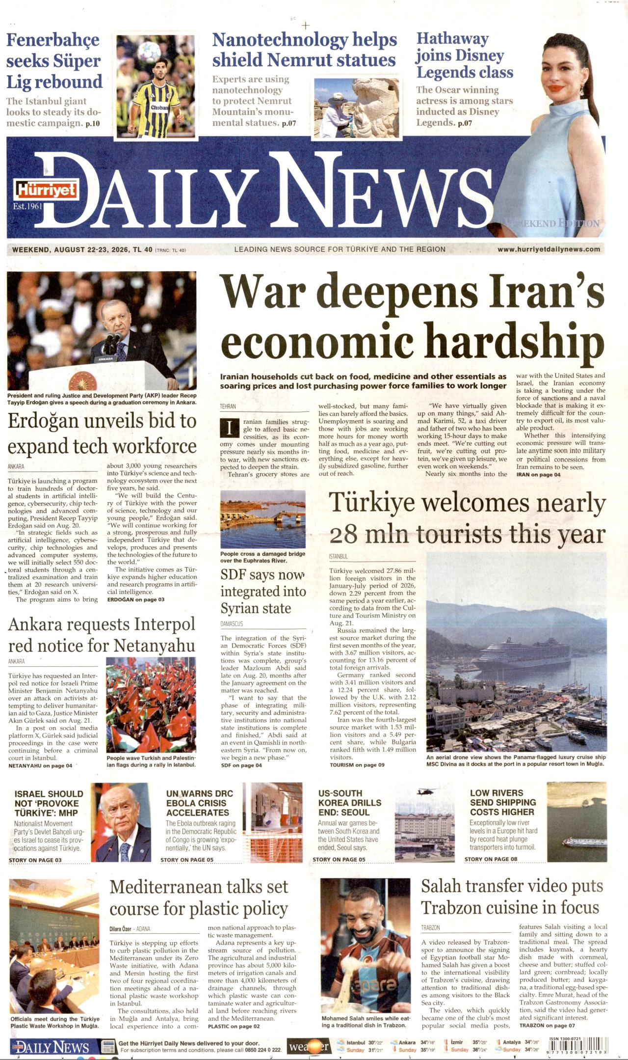 HÜRRİYET DAİLY NEWS gazetesinin 22 Ağustos 2026 tarihli birinci sayfası