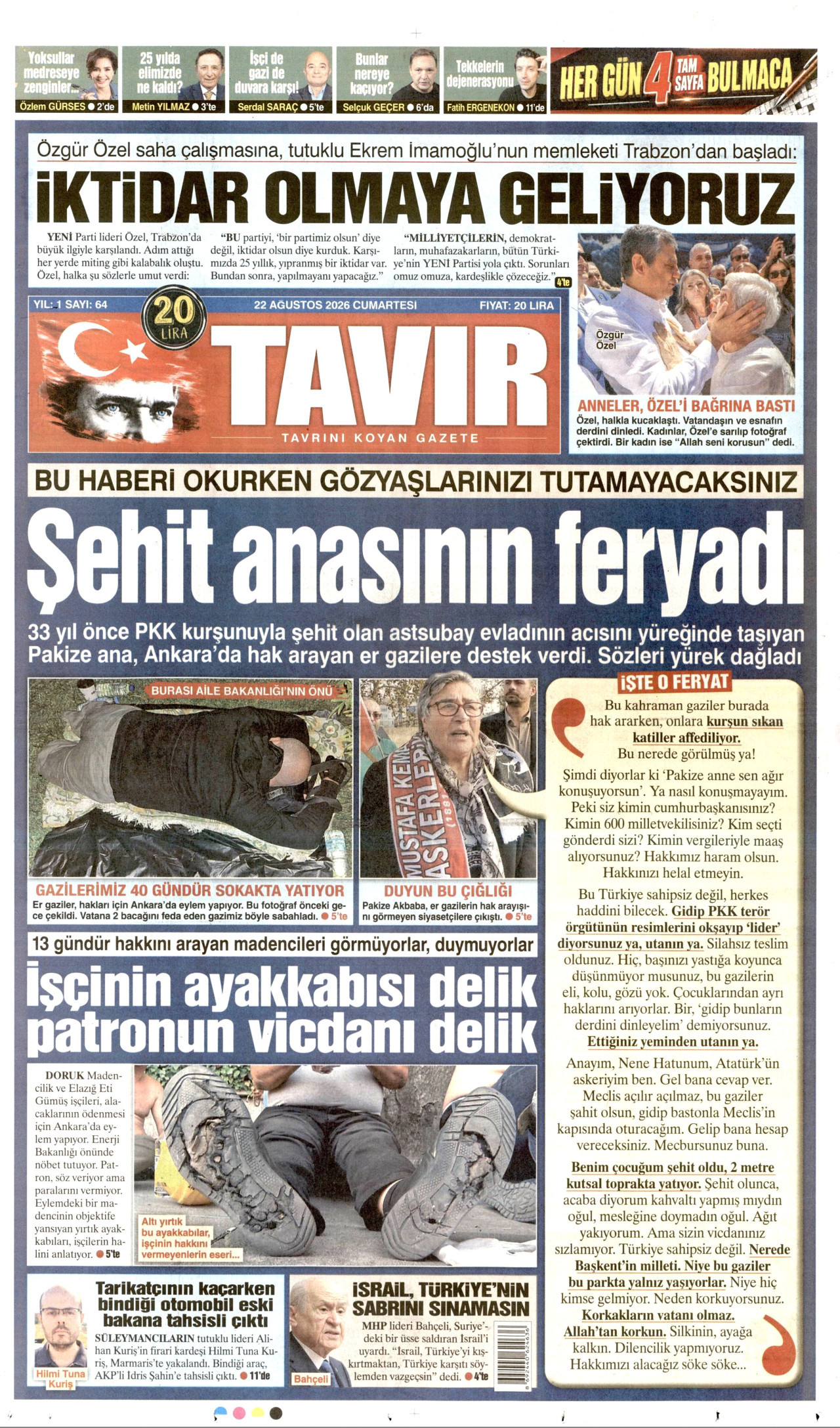 TAVIR GAZETESİ gazetesinin 22 Ağustos 2026 tarihli birinci sayfası