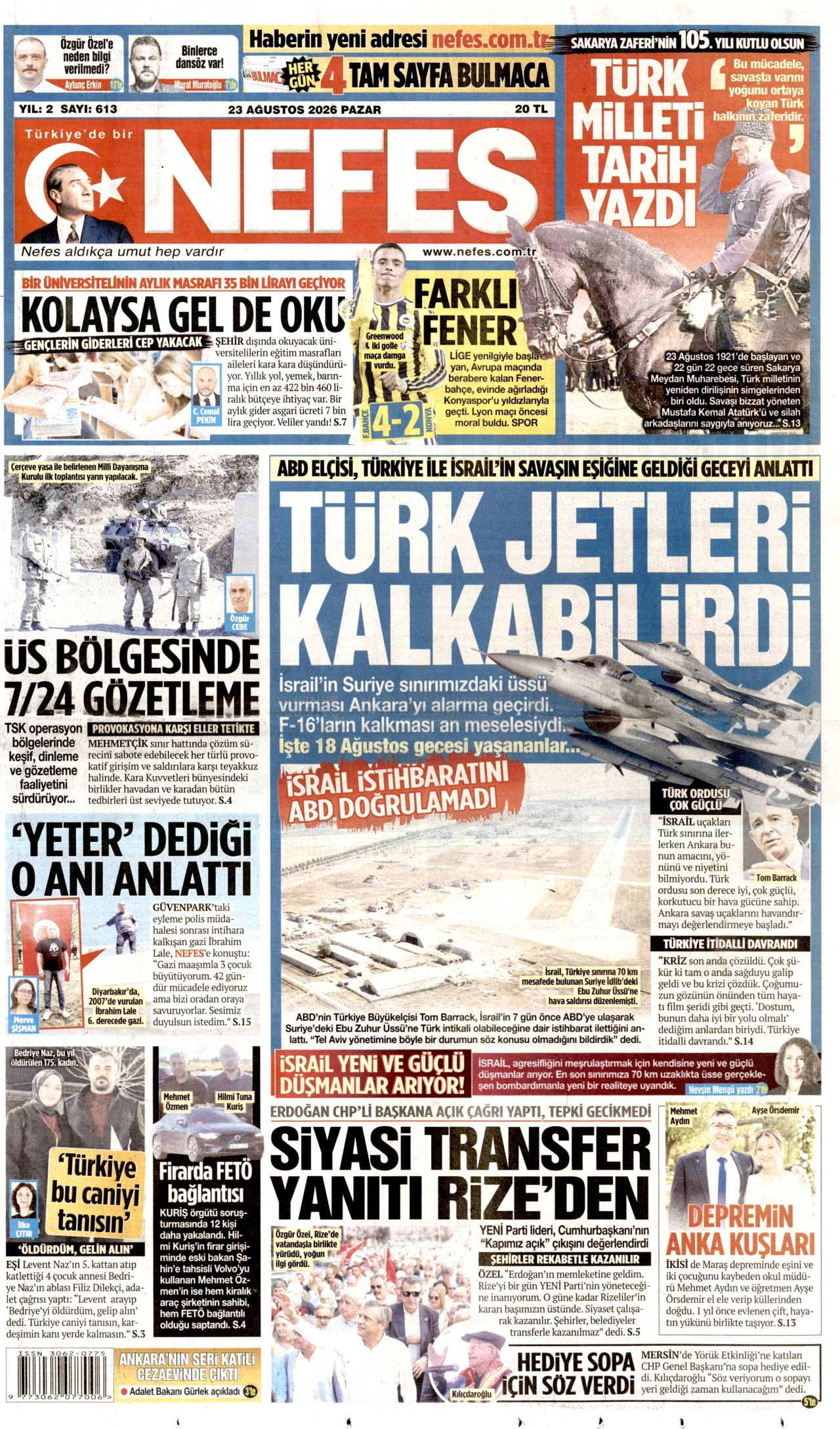 NEFES gazetesinin 23 Ağustos 2026 tarihli birinci sayfası