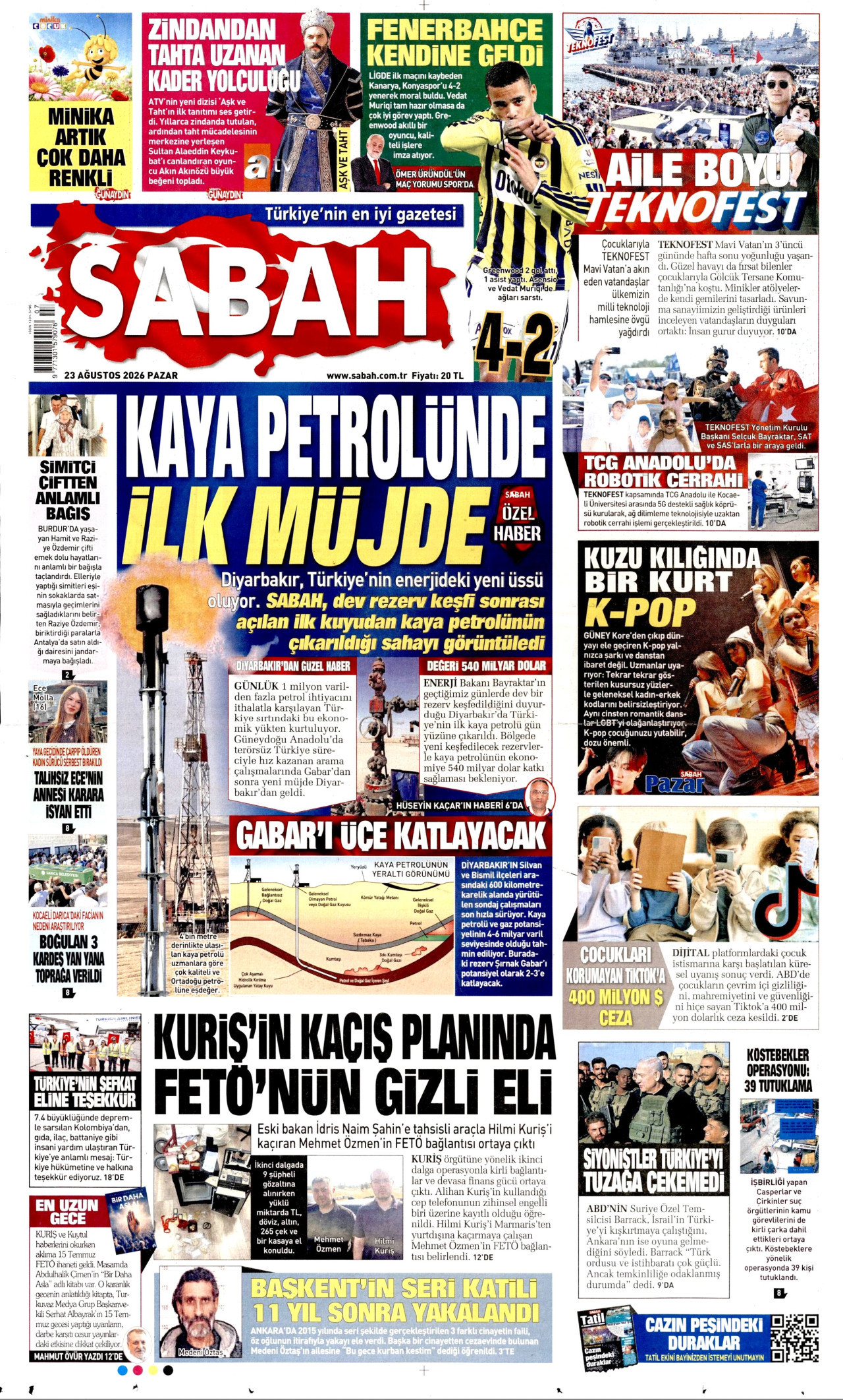 SABAH gazetesinin 23 Ağustos 2026 tarihli birinci sayfası