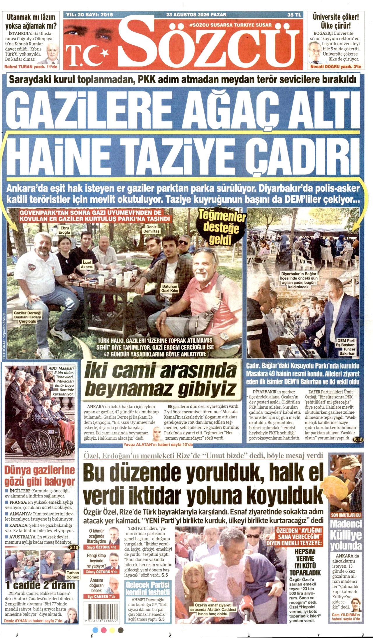 SÖZCÜ gazetesinin 23 Ağustos 2026 tarihli birinci sayfası