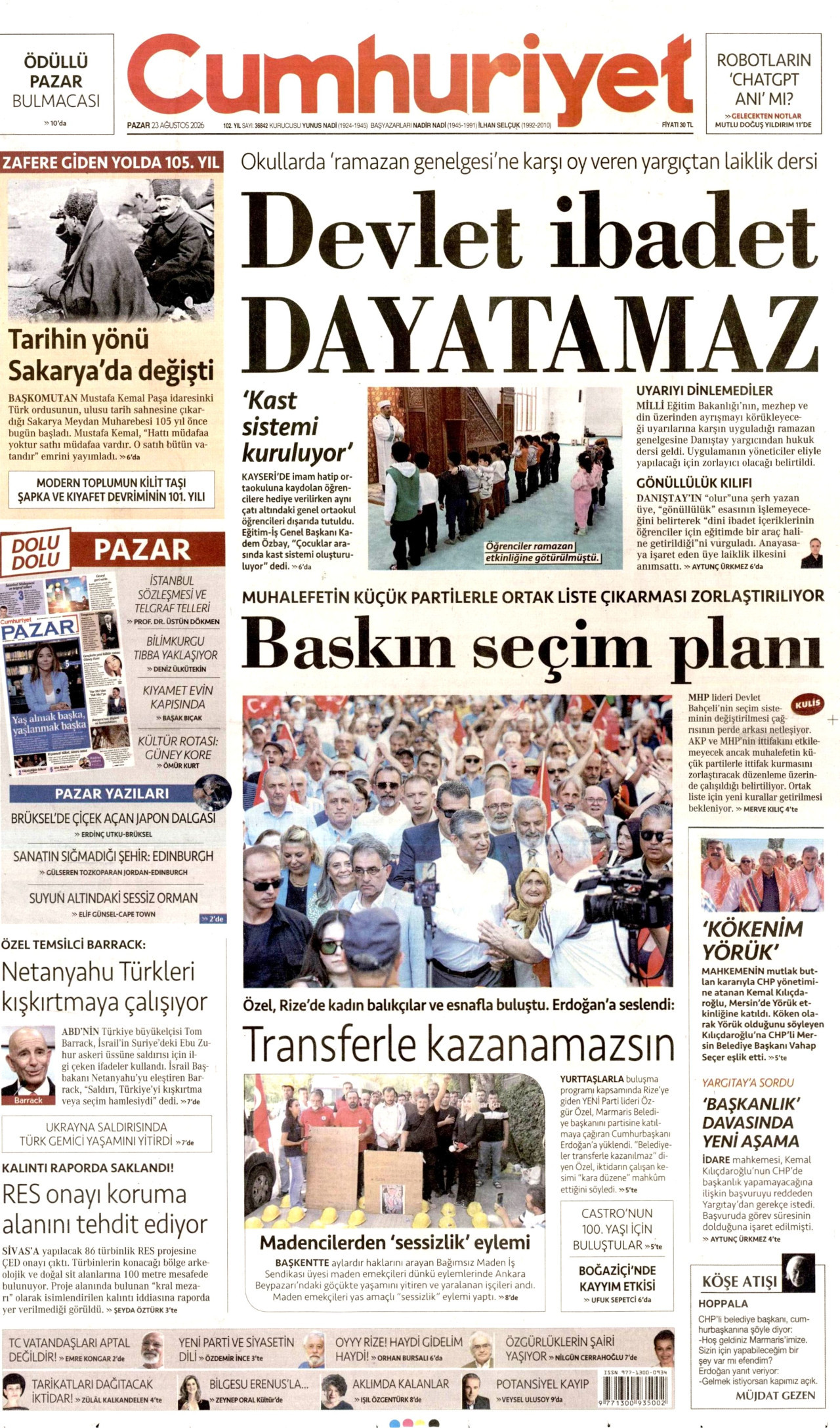 CUMHURİYET gazetesinin 23 Ağustos 2026 tarihli birinci sayfası