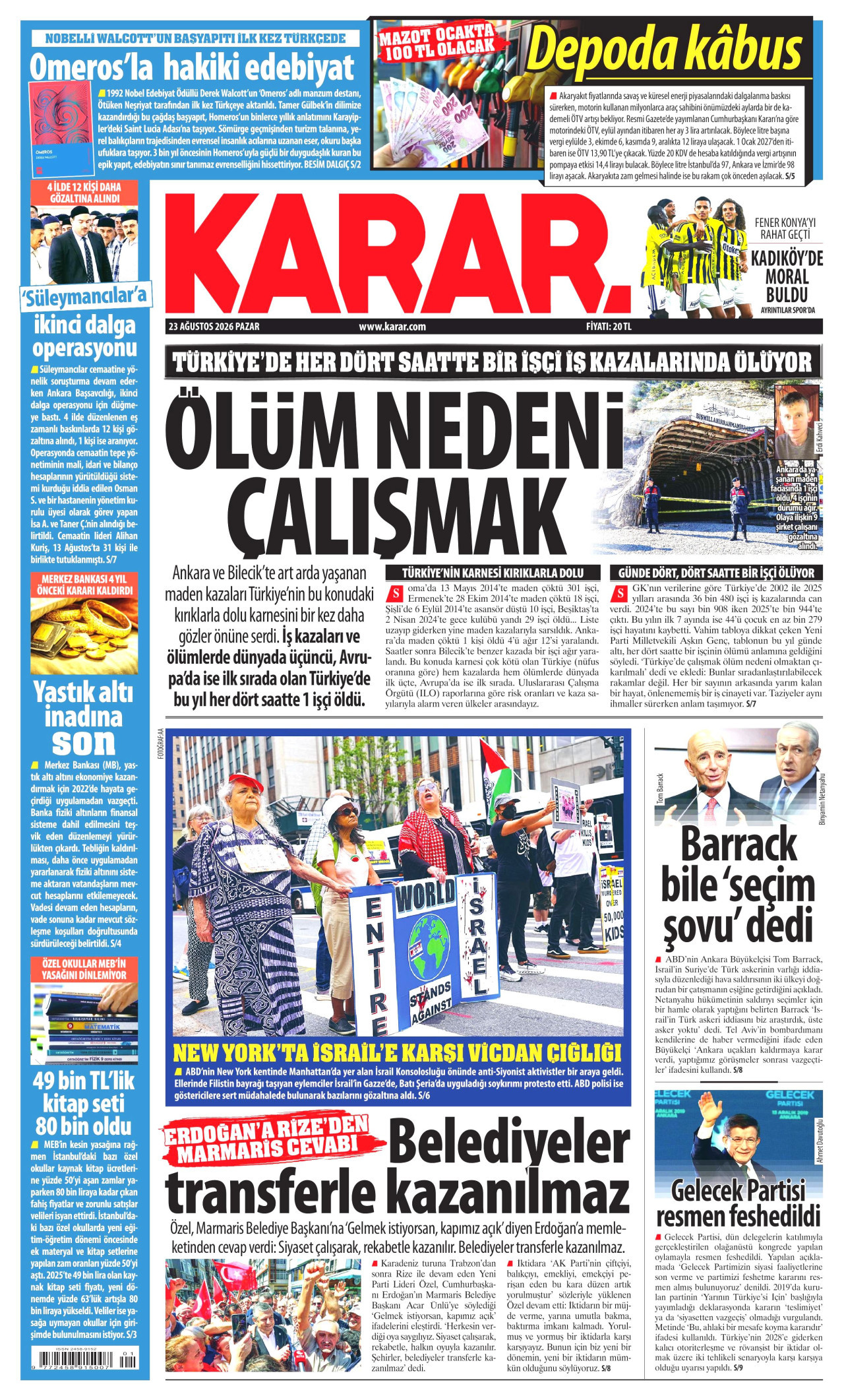 KARAR gazetesinin 23 Ağustos 2026 tarihli birinci sayfası