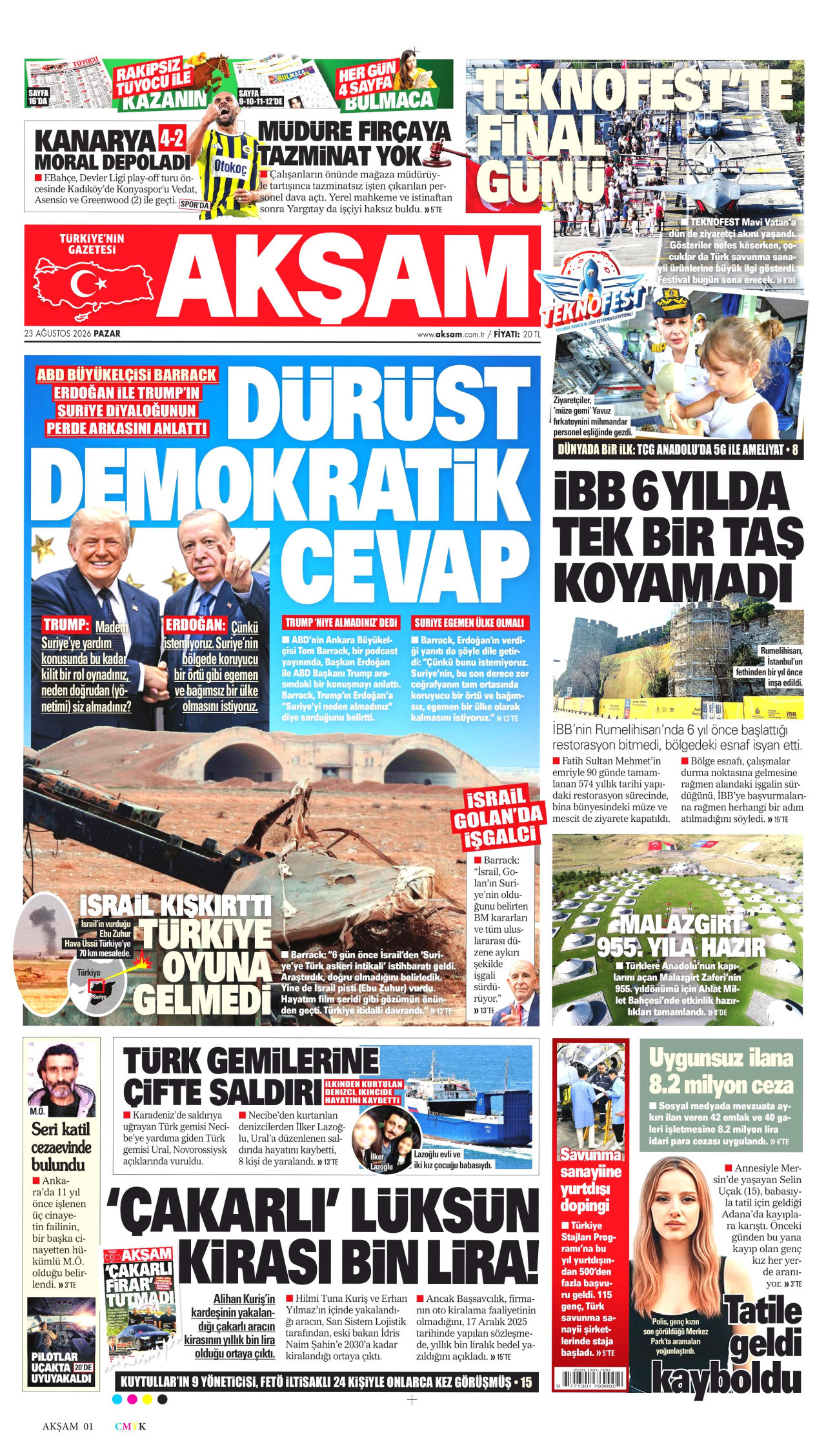 AKŞAM gazetesinin 23 Ağustos 2026 tarihli birinci sayfası
