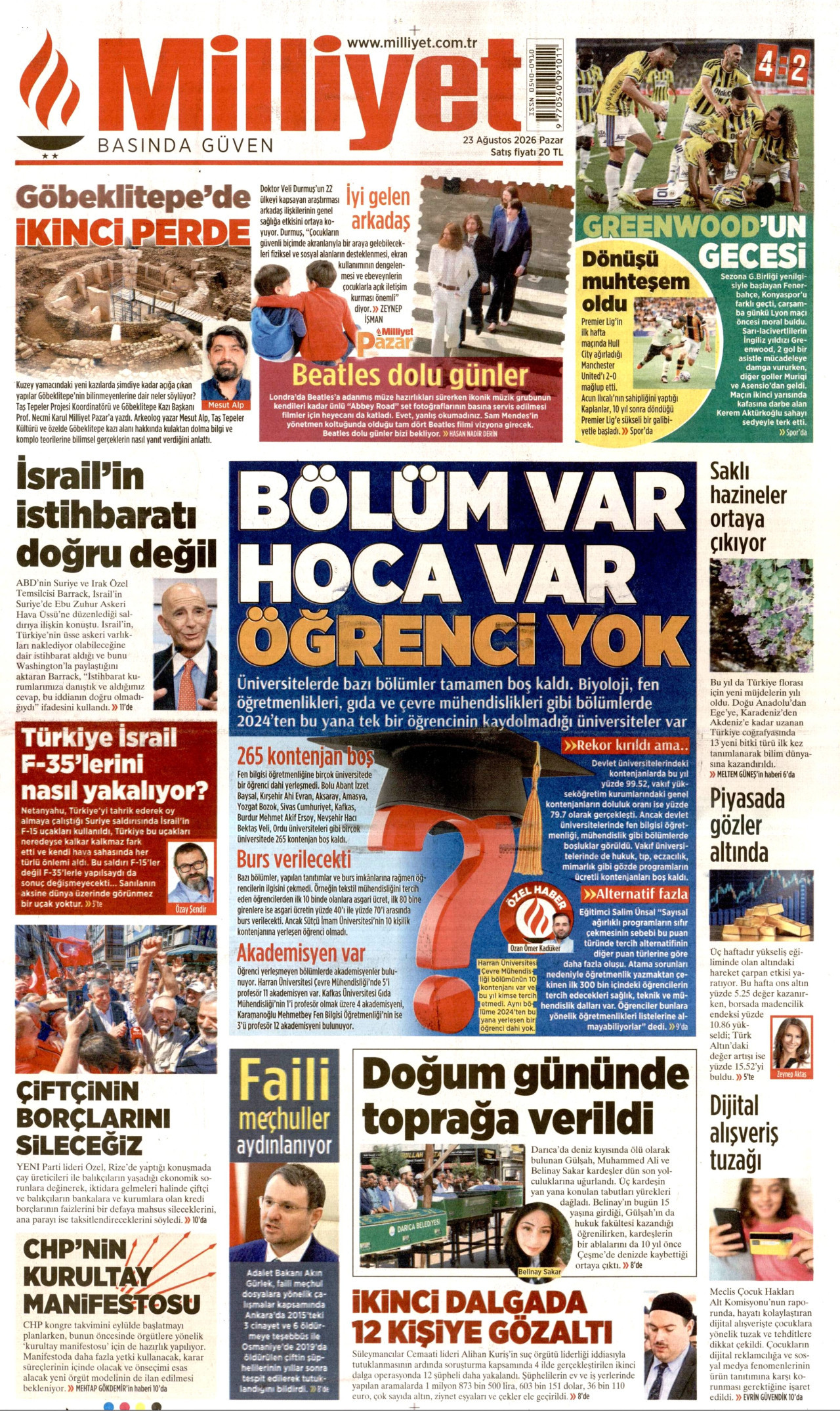 MİLLİYET gazetesinin 23 Ağustos 2026 tarihli birinci sayfası