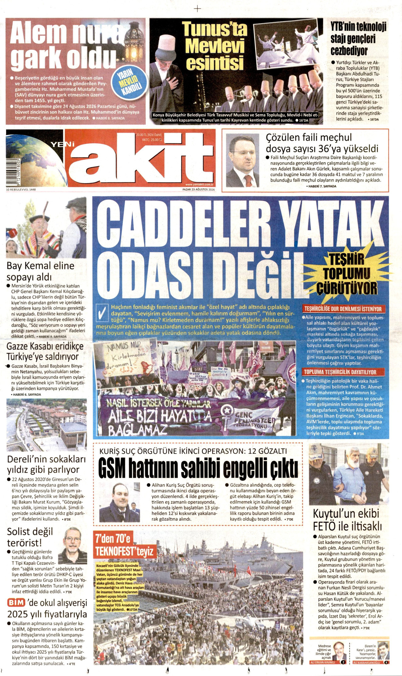 YENİ AKİT gazetesinin 23 Ağustos 2026 tarihli birinci sayfası