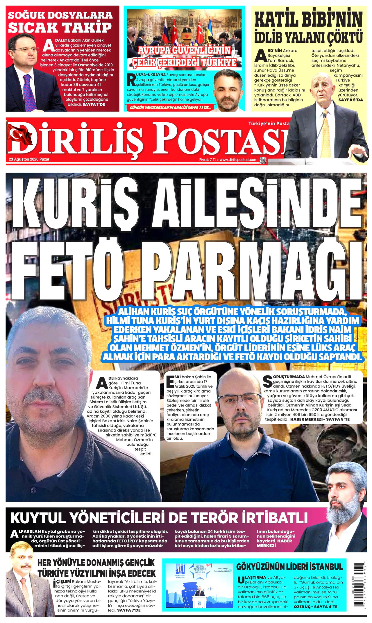 DİRİLİŞ POSTASI gazetesinin 23 Ağustos 2026 tarihli birinci sayfası