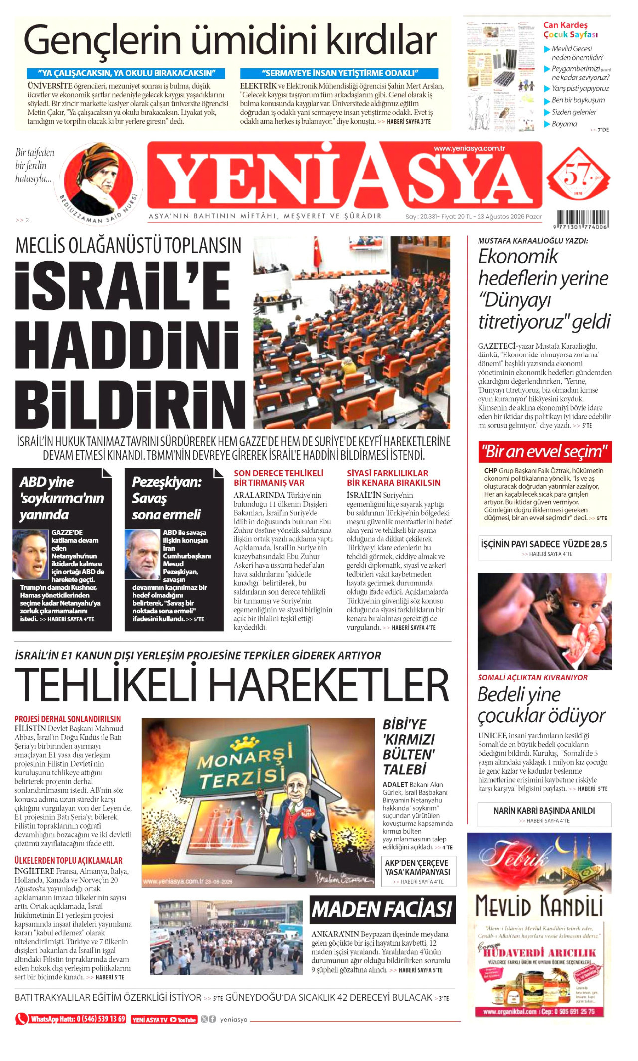 YENİ ASYA gazetesinin 23 Ağustos 2026 tarihli birinci sayfası