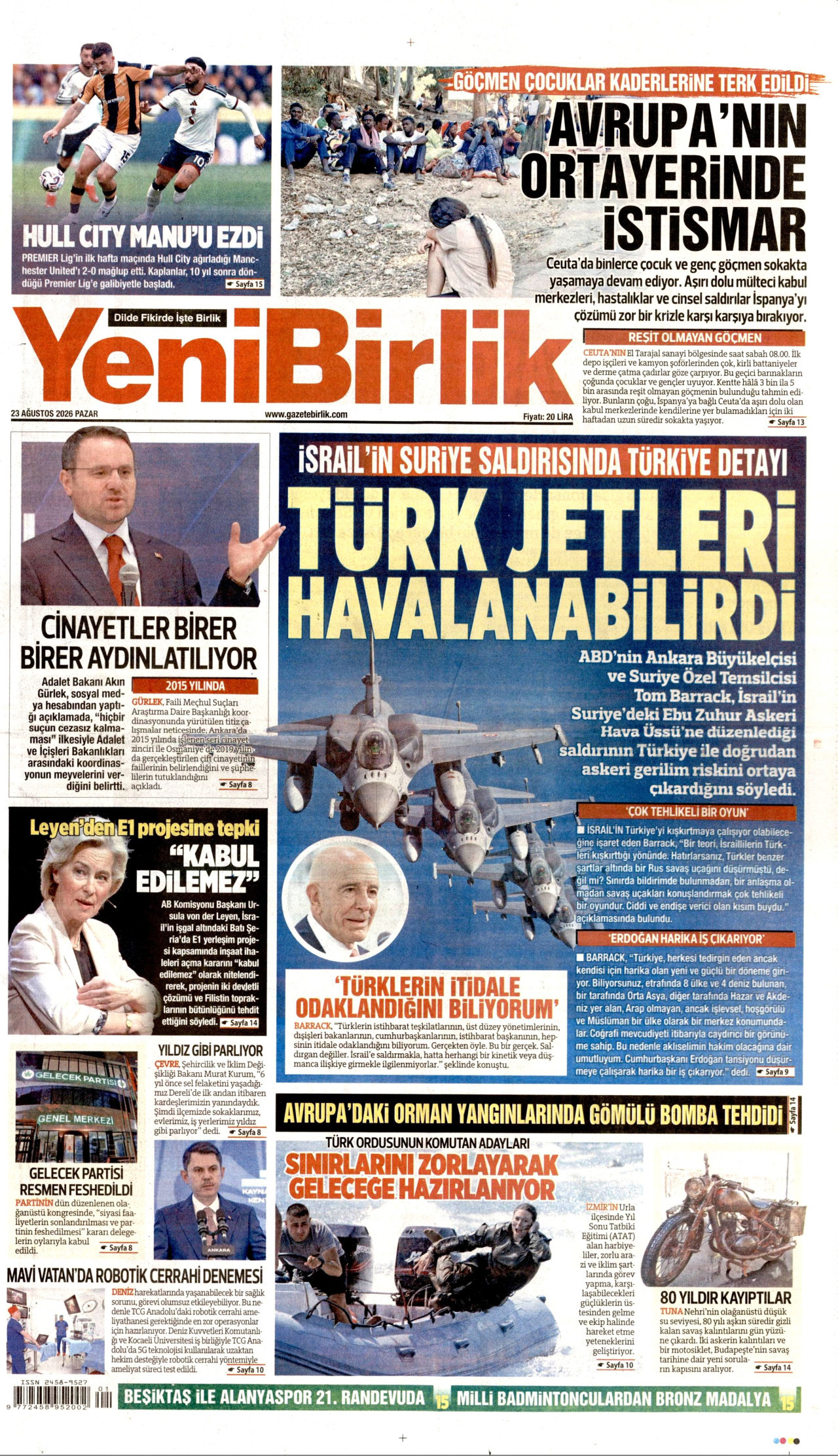 YENİBİRLİK gazetesinin 23 Ağustos 2026 tarihli birinci sayfası