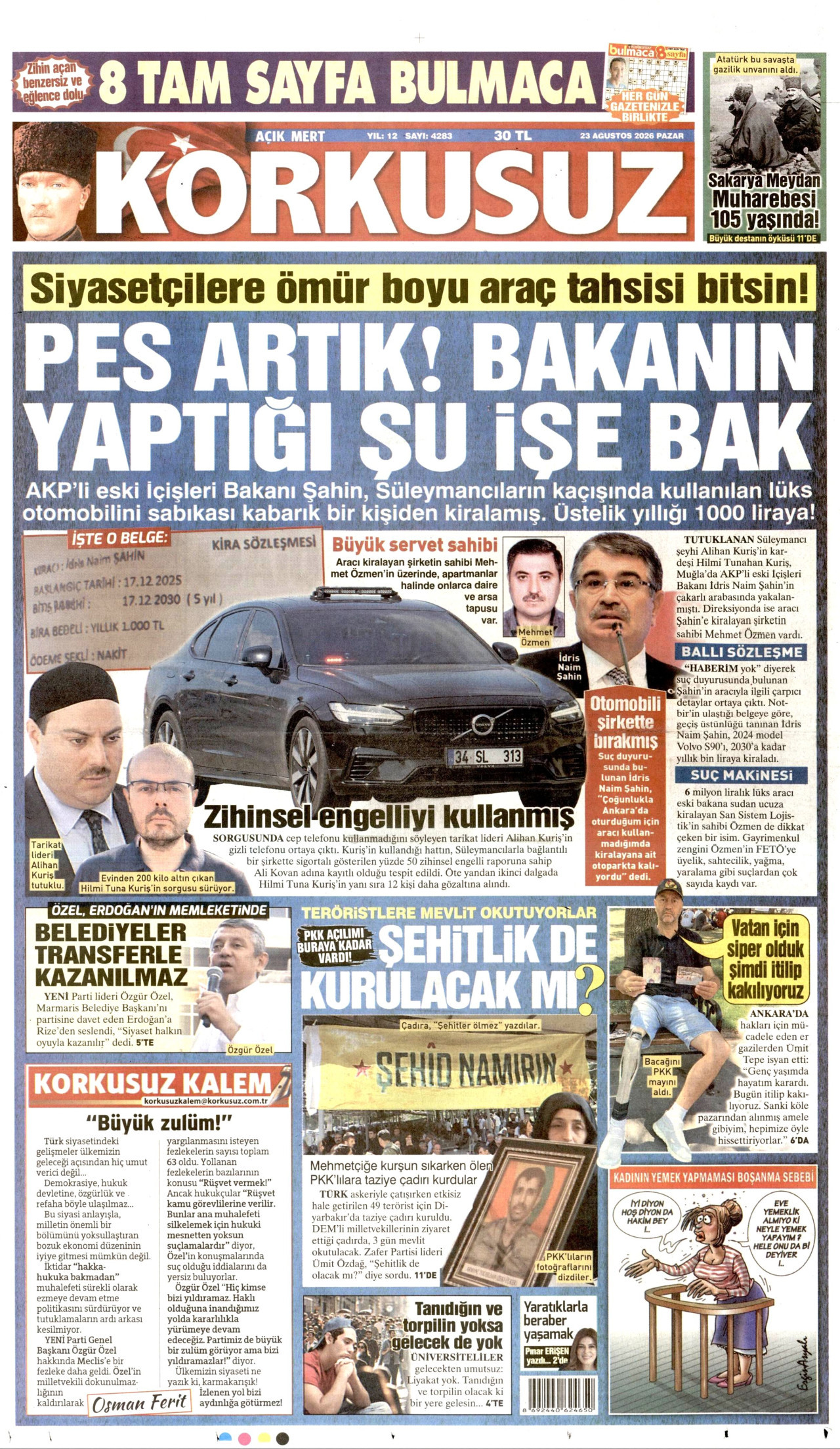 KORKUSUZ gazetesinin 23 Ağustos 2026 tarihli birinci sayfası
