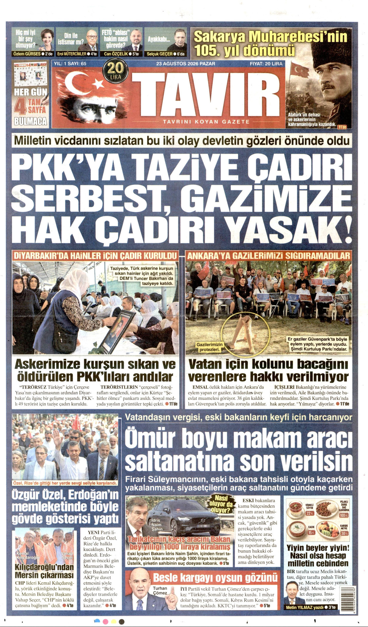 TAVIR GAZETESİ gazetesinin 23 Ağustos 2026 tarihli birinci sayfası