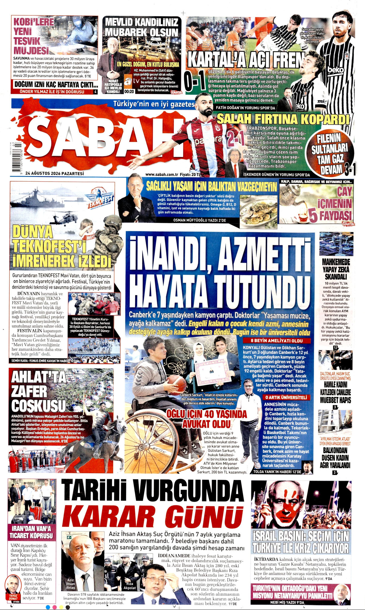 SABAH gazetesinin 24 Ağustos 2026 tarihli birinci sayfası