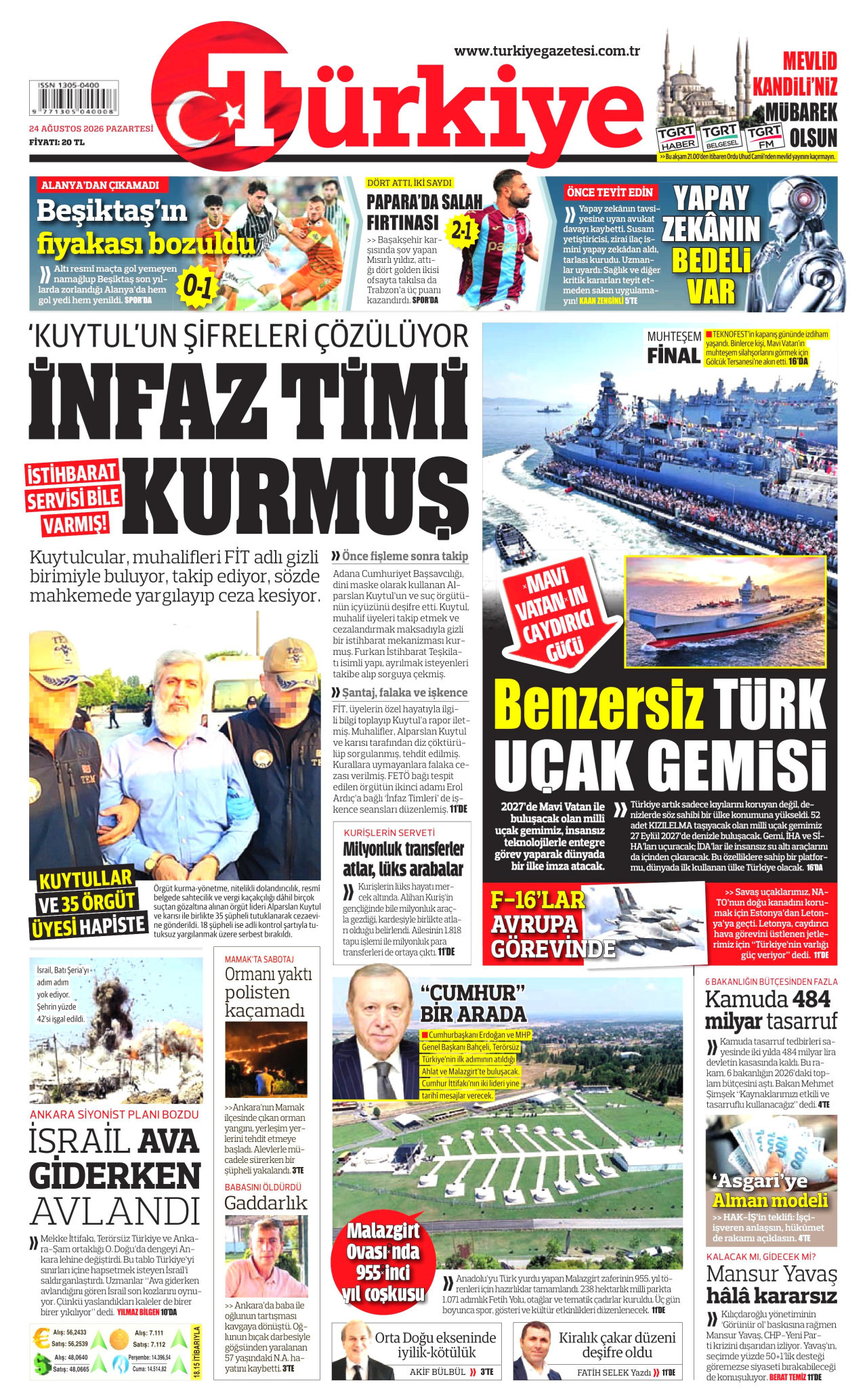 TÜRKİYE GAZETESİ gazetesinin 24 Ağustos 2026 tarihli birinci sayfası