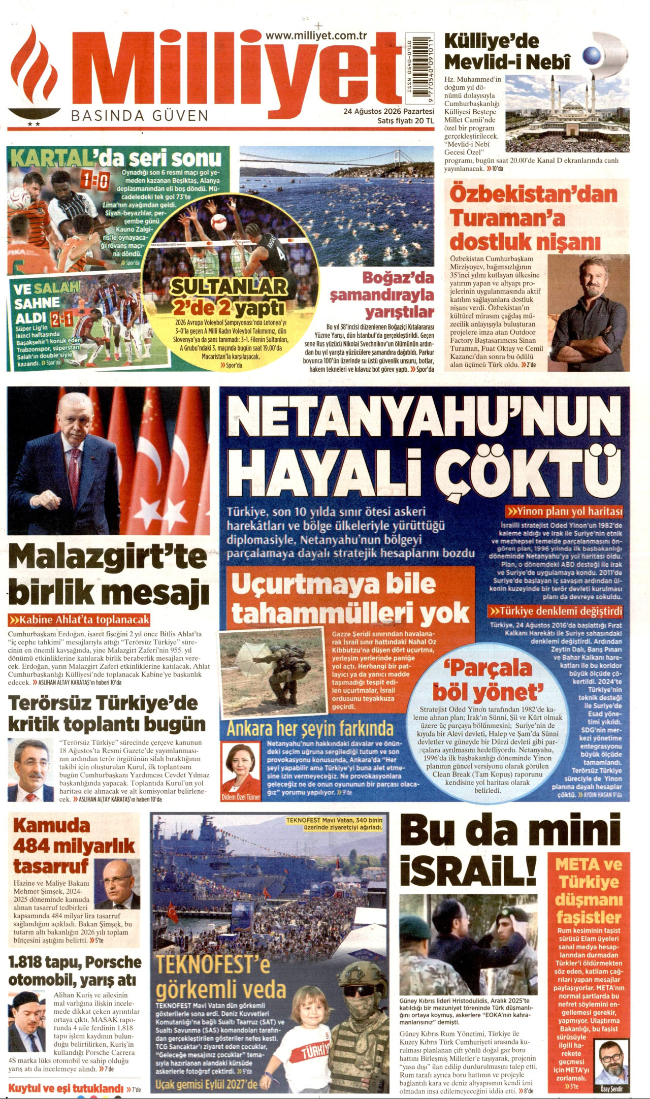 MİLLİYET gazetesinin 24 Ağustos 2026 tarihli birinci sayfası