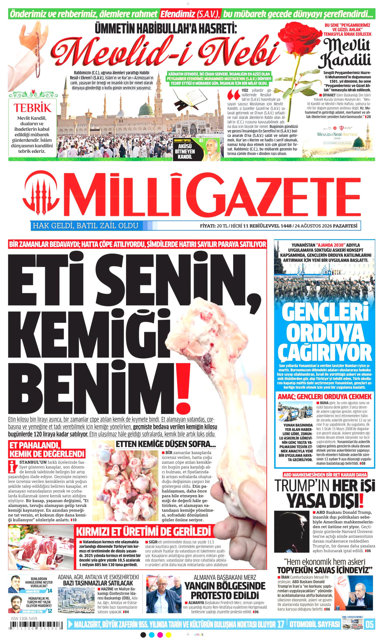 MİLLİ GAZETE gazetesinin 24 Ağustos 2026 tarihli birinci sayfası