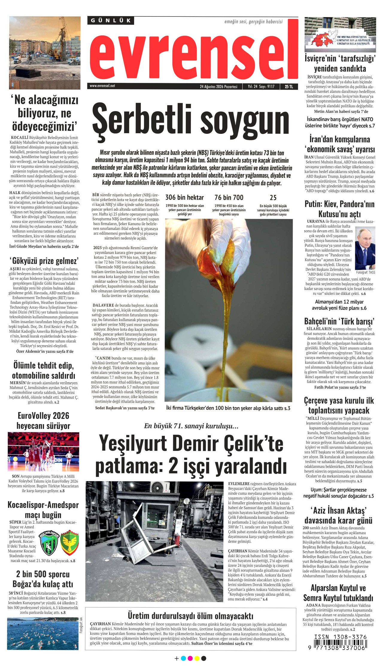 EVRENSEL gazetesinin 24 Ağustos 2026 tarihli birinci sayfası