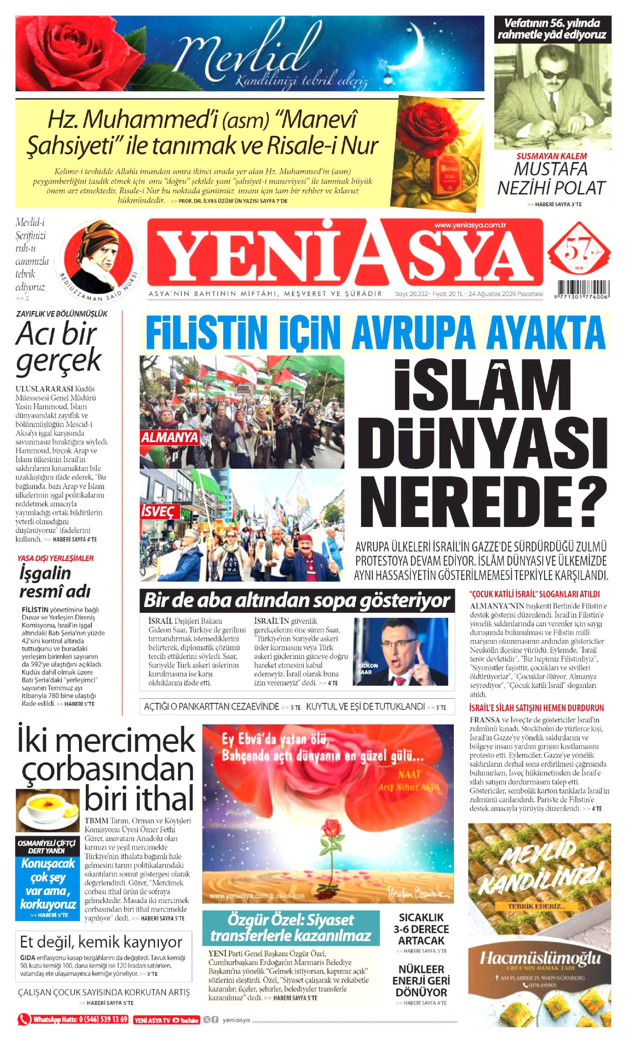 YENİ ASYA gazetesinin 24 Ağustos 2026 tarihli birinci sayfası
