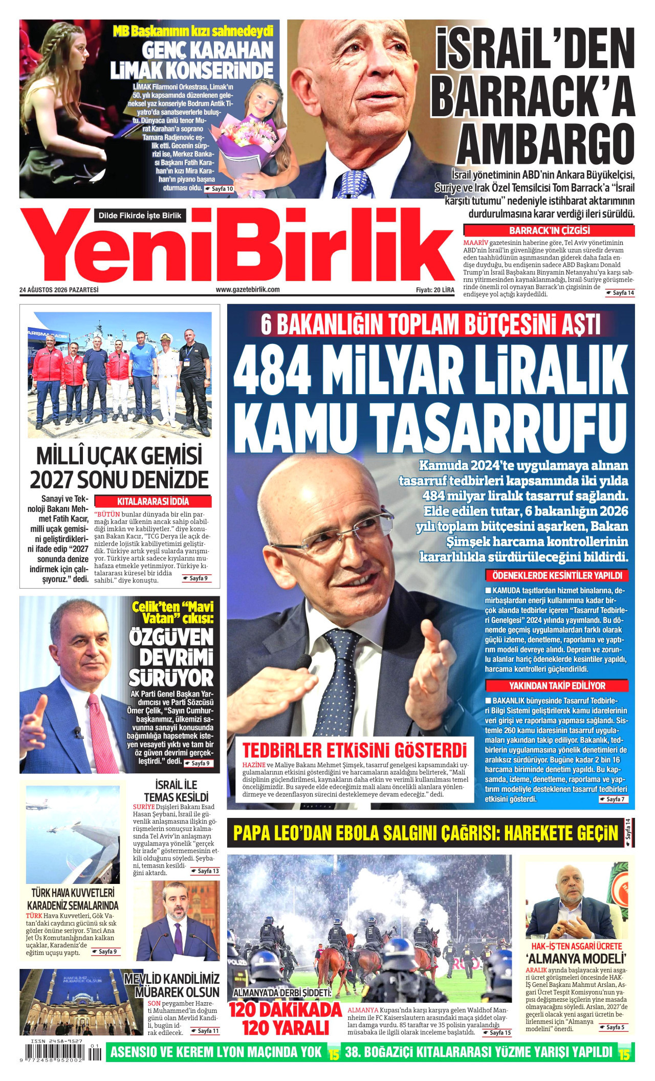 YENİBİRLİK gazetesinin 24 Ağustos 2026 tarihli birinci sayfası