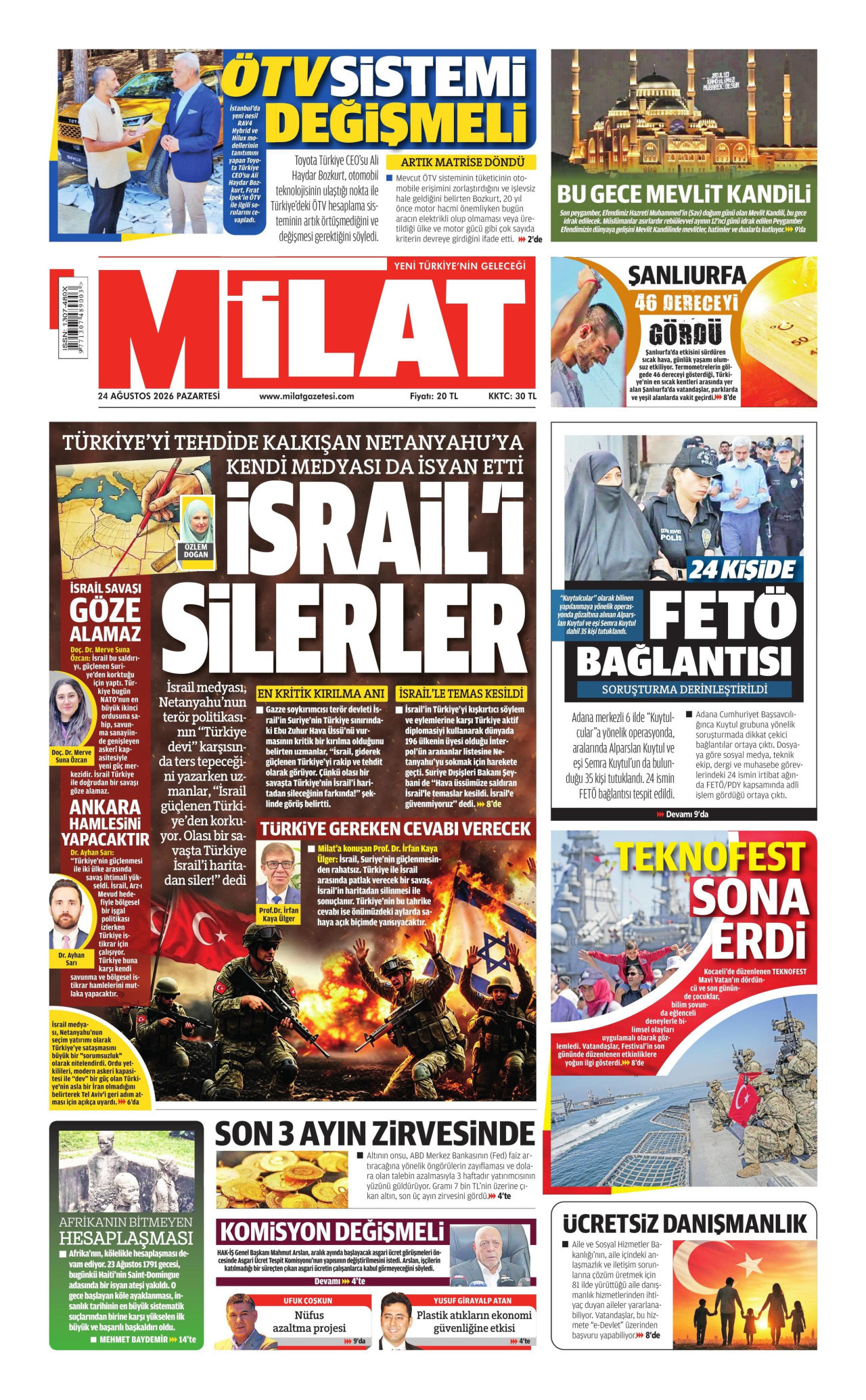 MİLAT gazetesinin 24 Ağustos 2026 tarihli birinci sayfası