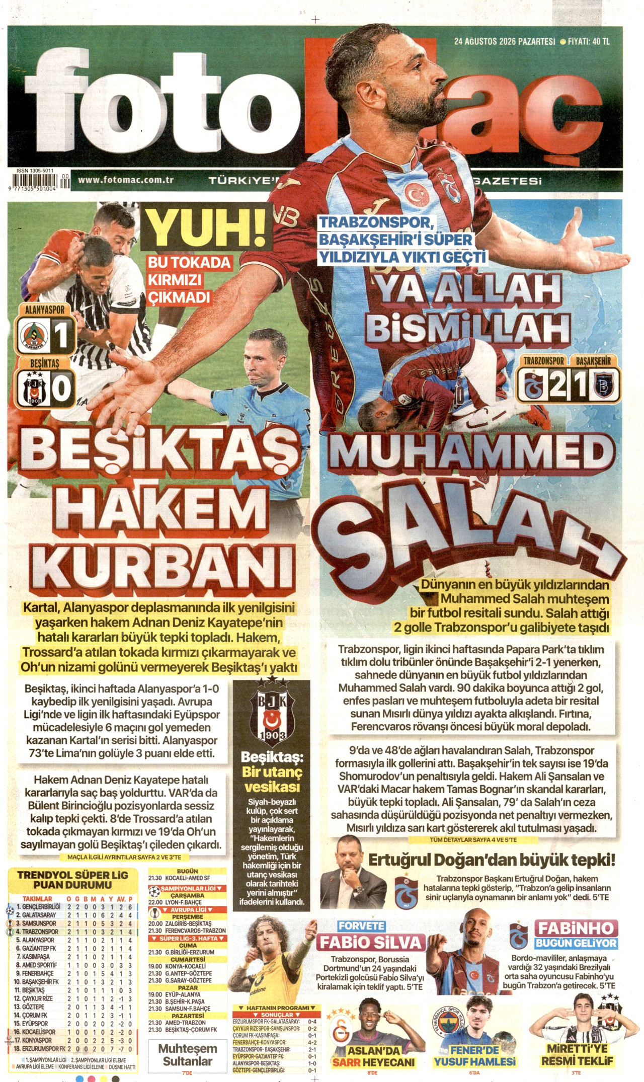FOTOMAÇ gazetesinin 24 Ağustos 2026 tarihli birinci sayfası