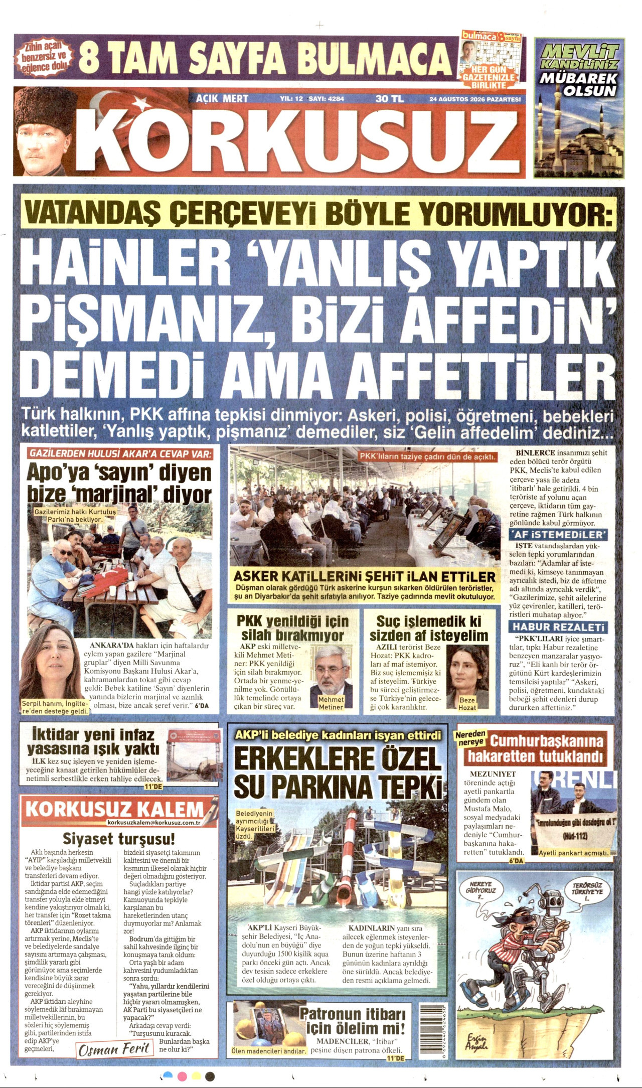 KORKUSUZ gazetesinin 24 Ağustos 2026 tarihli birinci sayfası