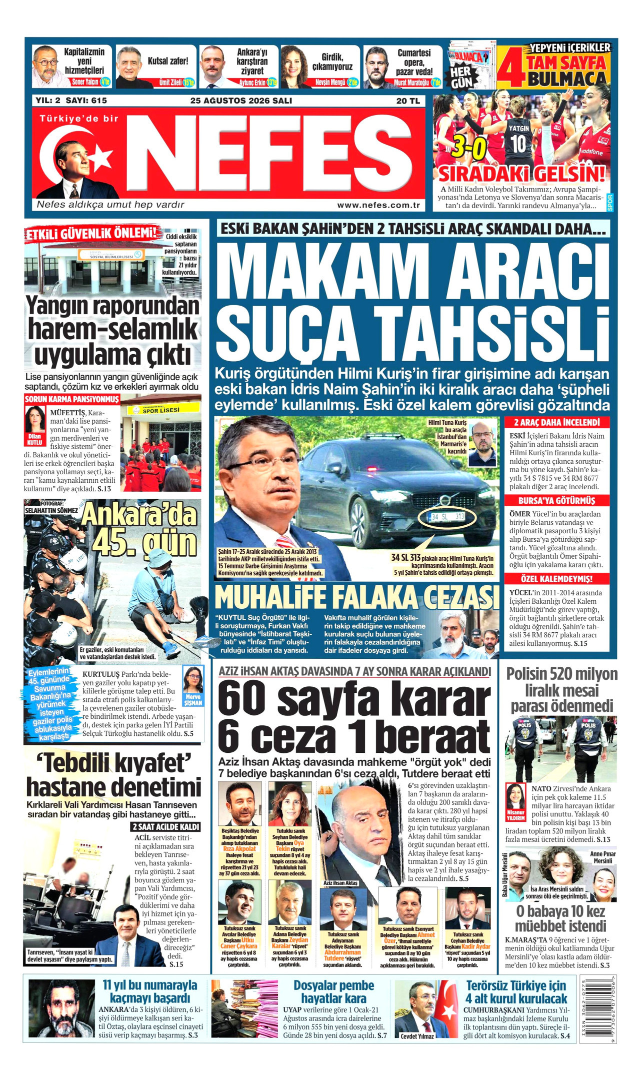 NEFES gazetesinin 25 Ağustos 2026 tarihli birinci sayfası