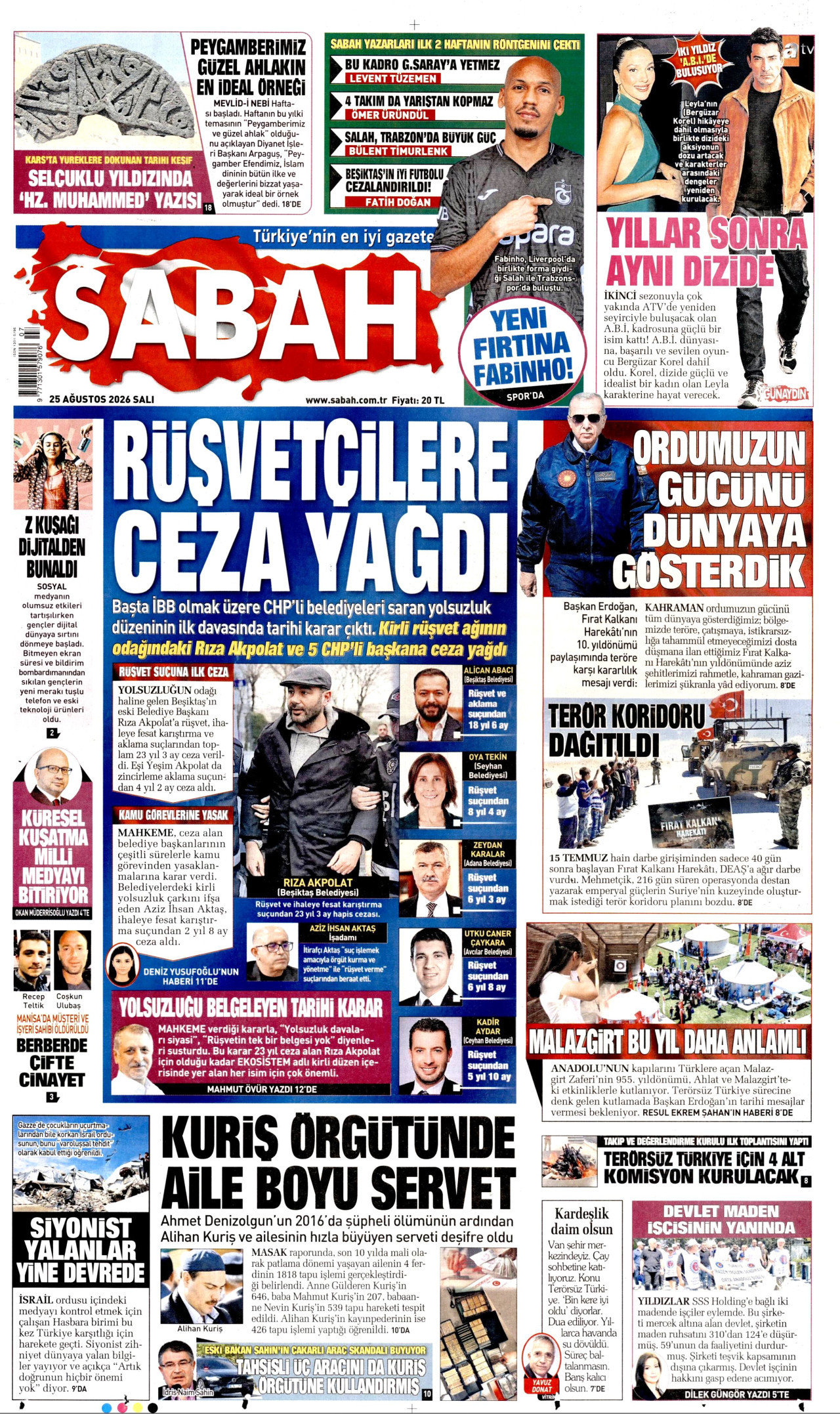 SABAH gazetesinin 25 Ağustos 2026 tarihli birinci sayfası