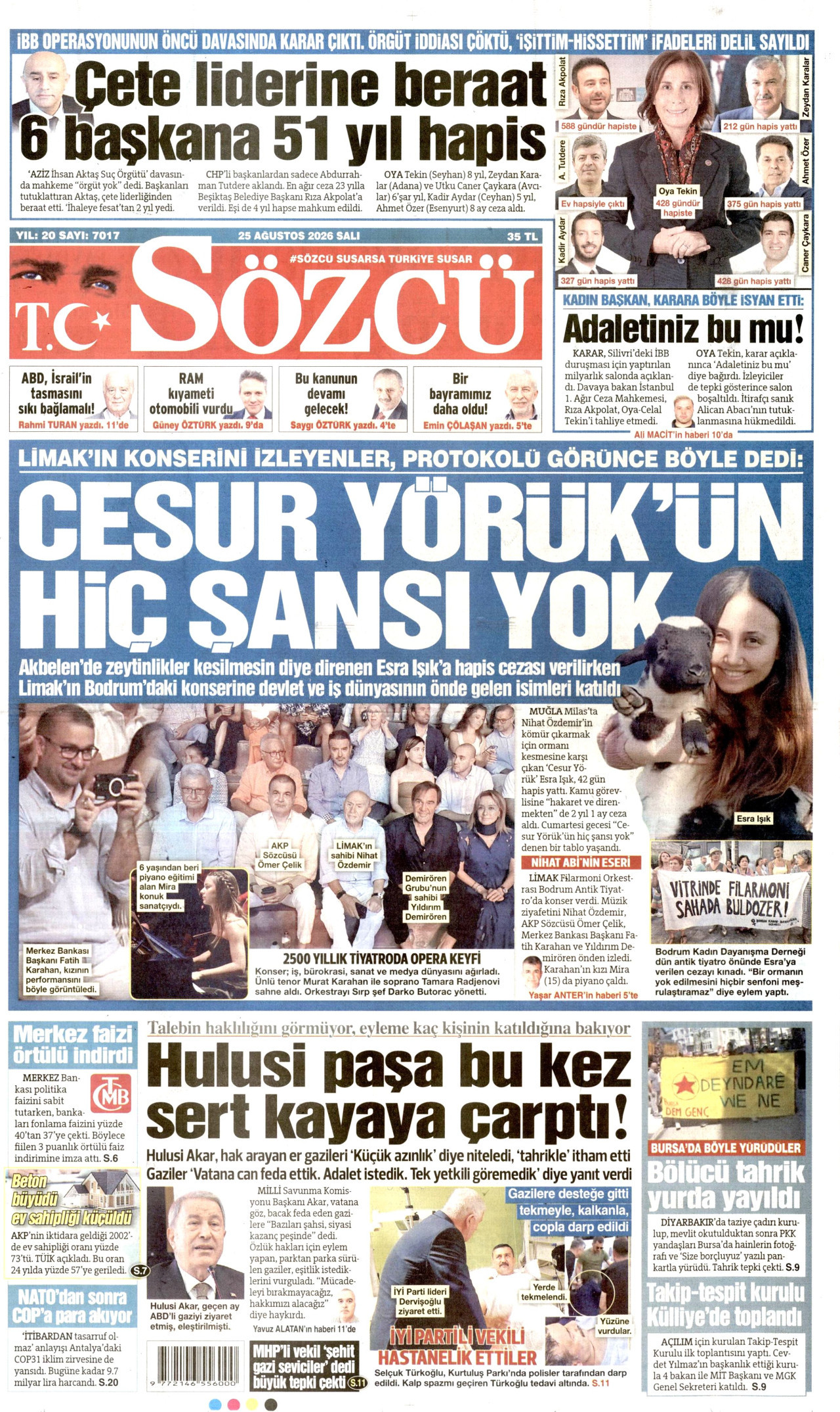 SÖZCÜ gazetesinin 25 Ağustos 2026 tarihli birinci sayfası