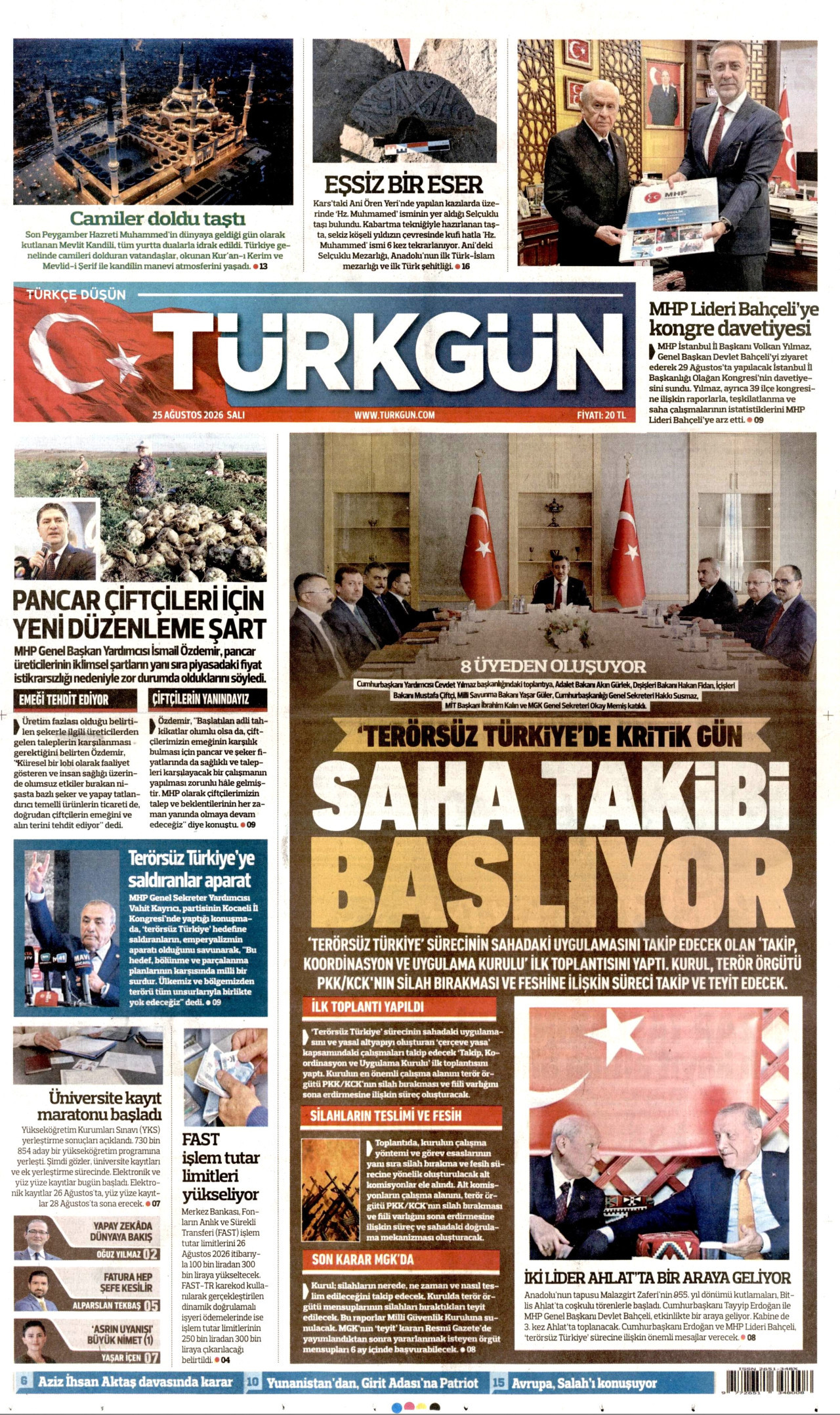 TÜRKGÜN gazetesinin 25 Ağustos 2026 tarihli birinci sayfası