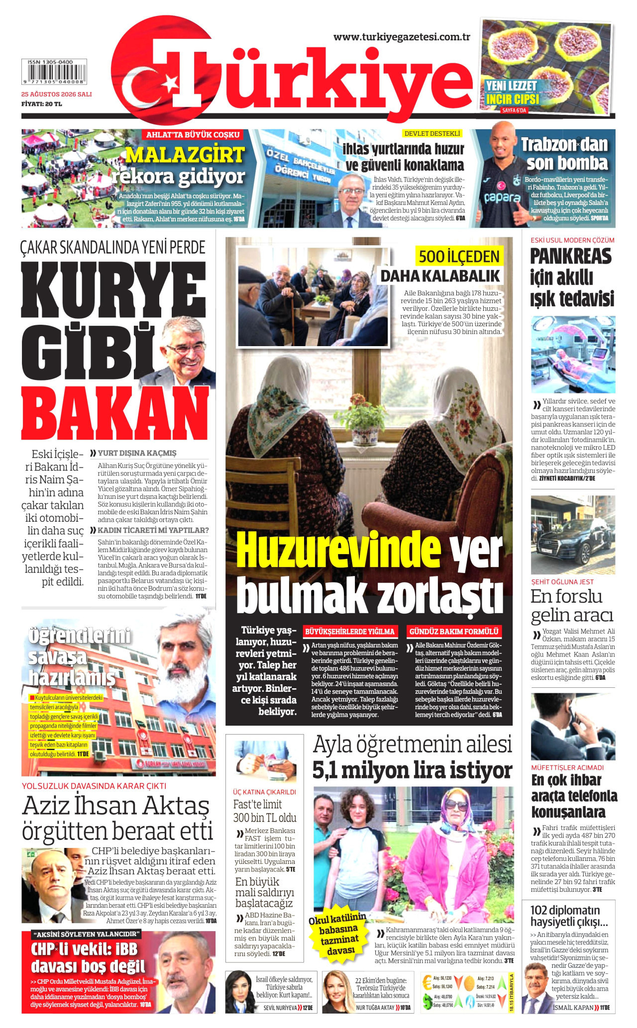 TÜRKİYE GAZETESİ gazetesinin 25 Ağustos 2026 tarihli birinci sayfası
