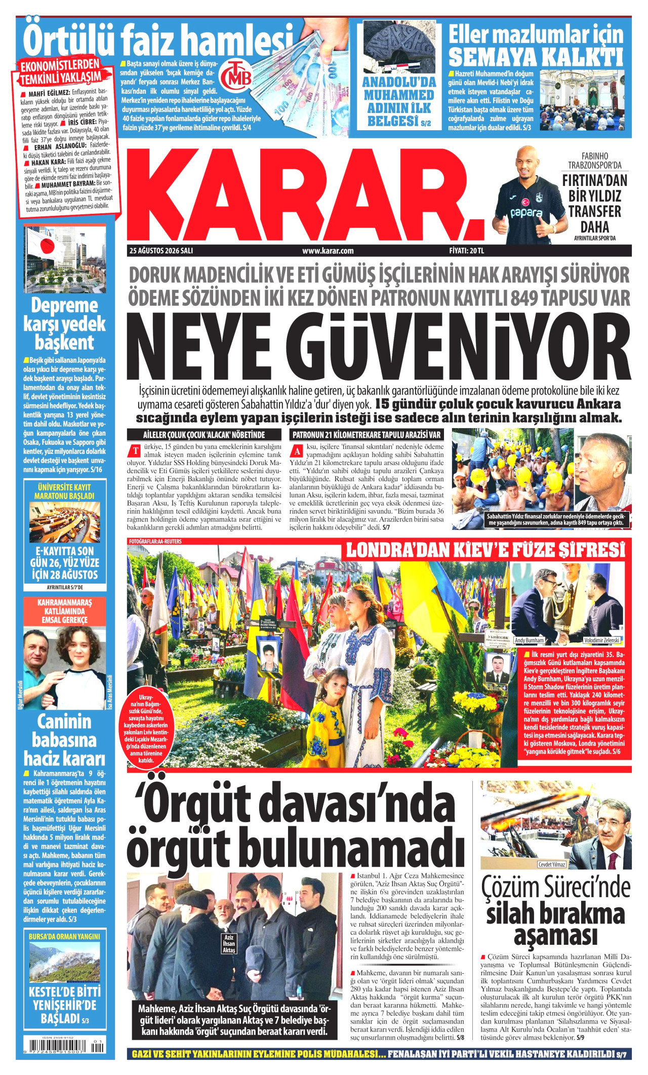 KARAR gazetesinin 25 Ağustos 2026 tarihli birinci sayfası