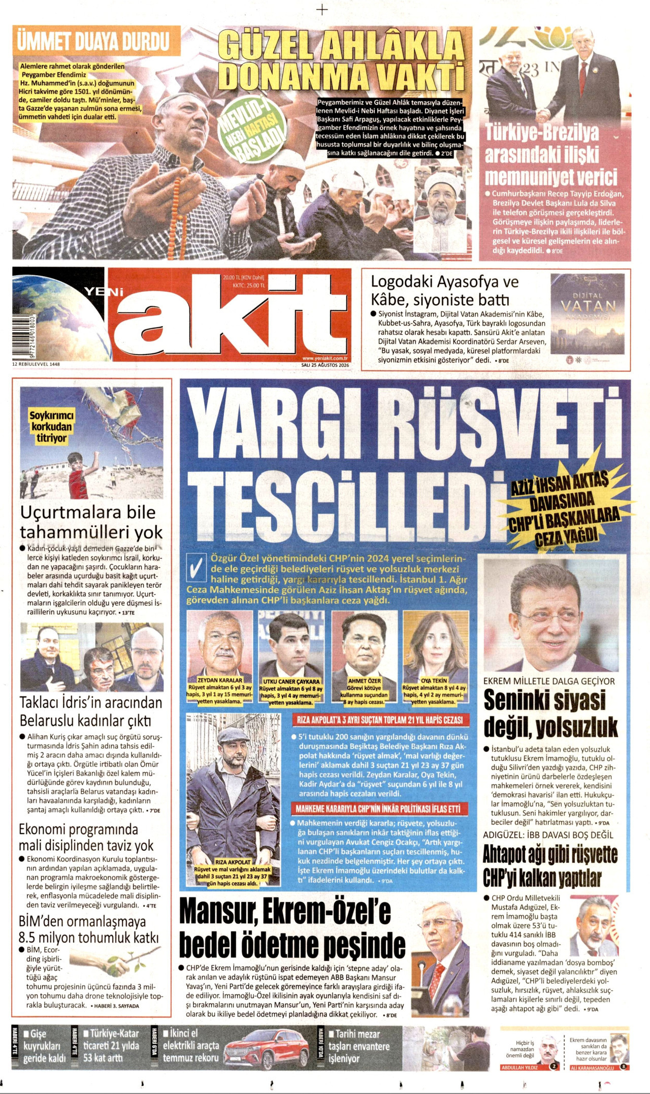 YENİ AKİT gazetesinin 25 Ağustos 2026 tarihli birinci sayfası