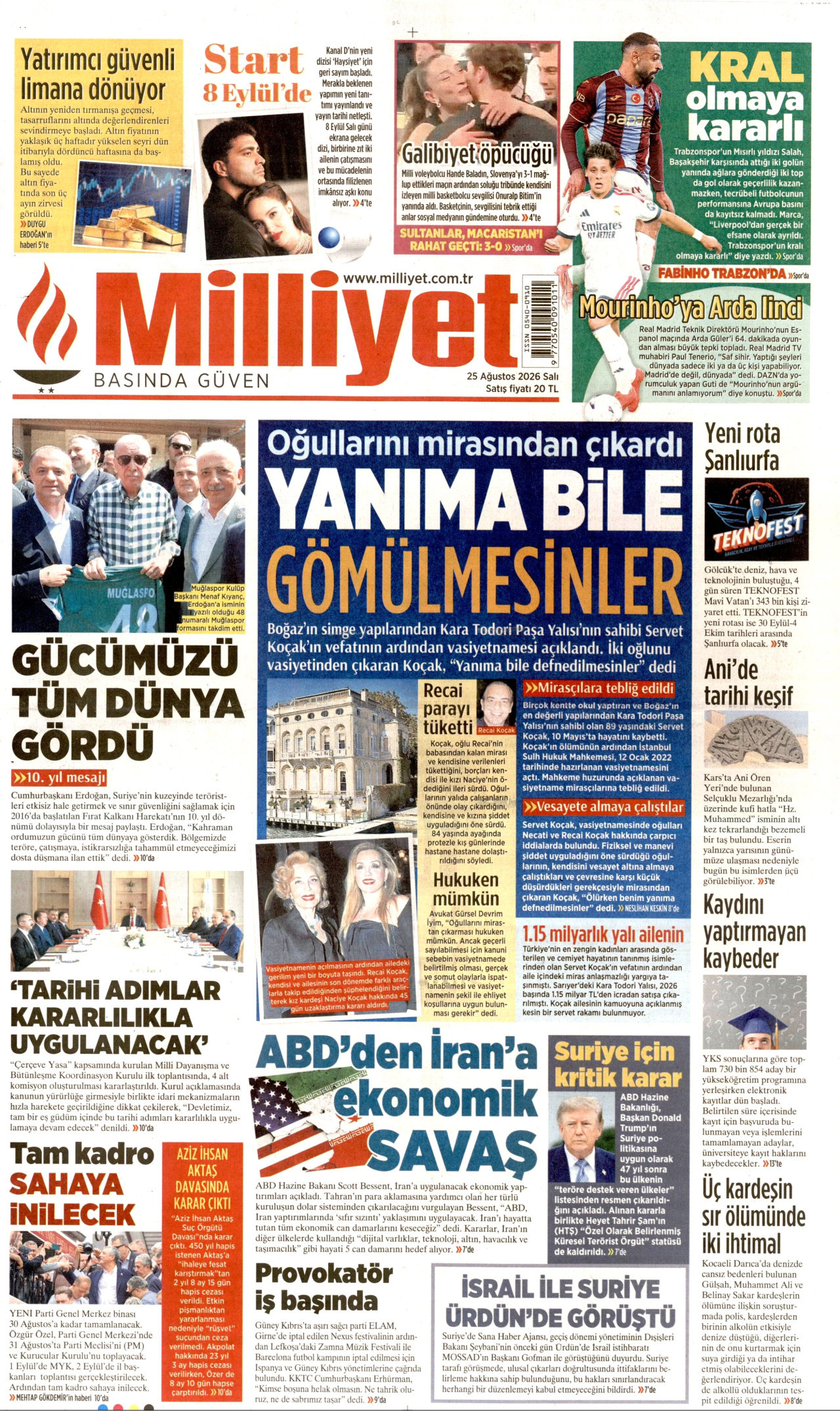 MİLLİYET gazetesinin 25 Ağustos 2026 tarihli birinci sayfası