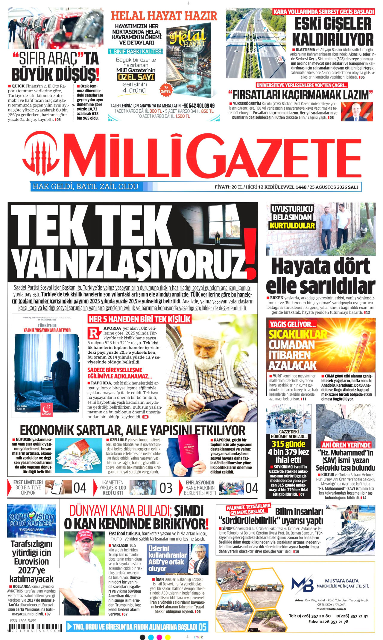 MİLLİ GAZETE gazetesinin 25 Ağustos 2026 tarihli birinci sayfası