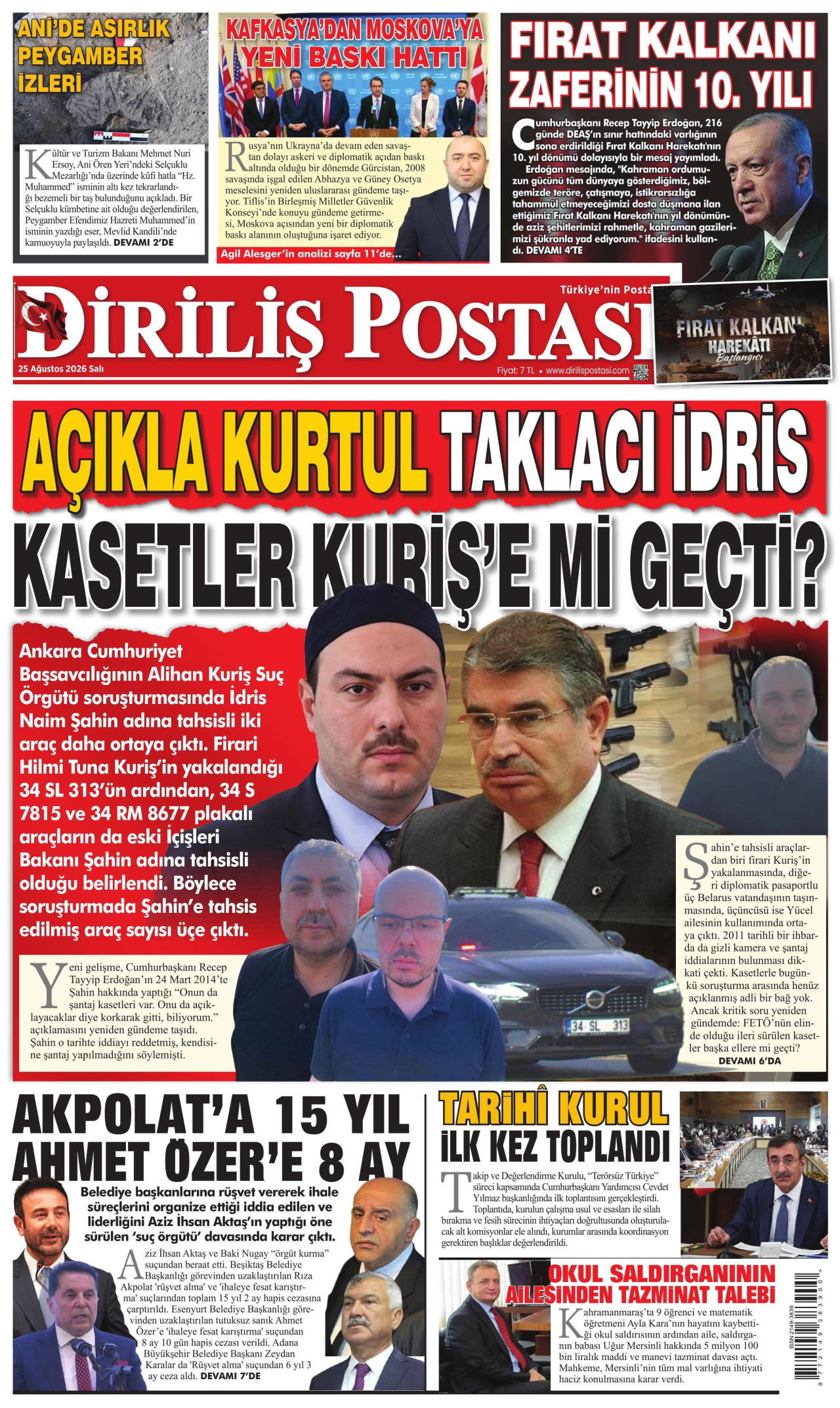 DİRİLİŞ POSTASI gazetesinin 25 Ağustos 2026 tarihli birinci sayfası