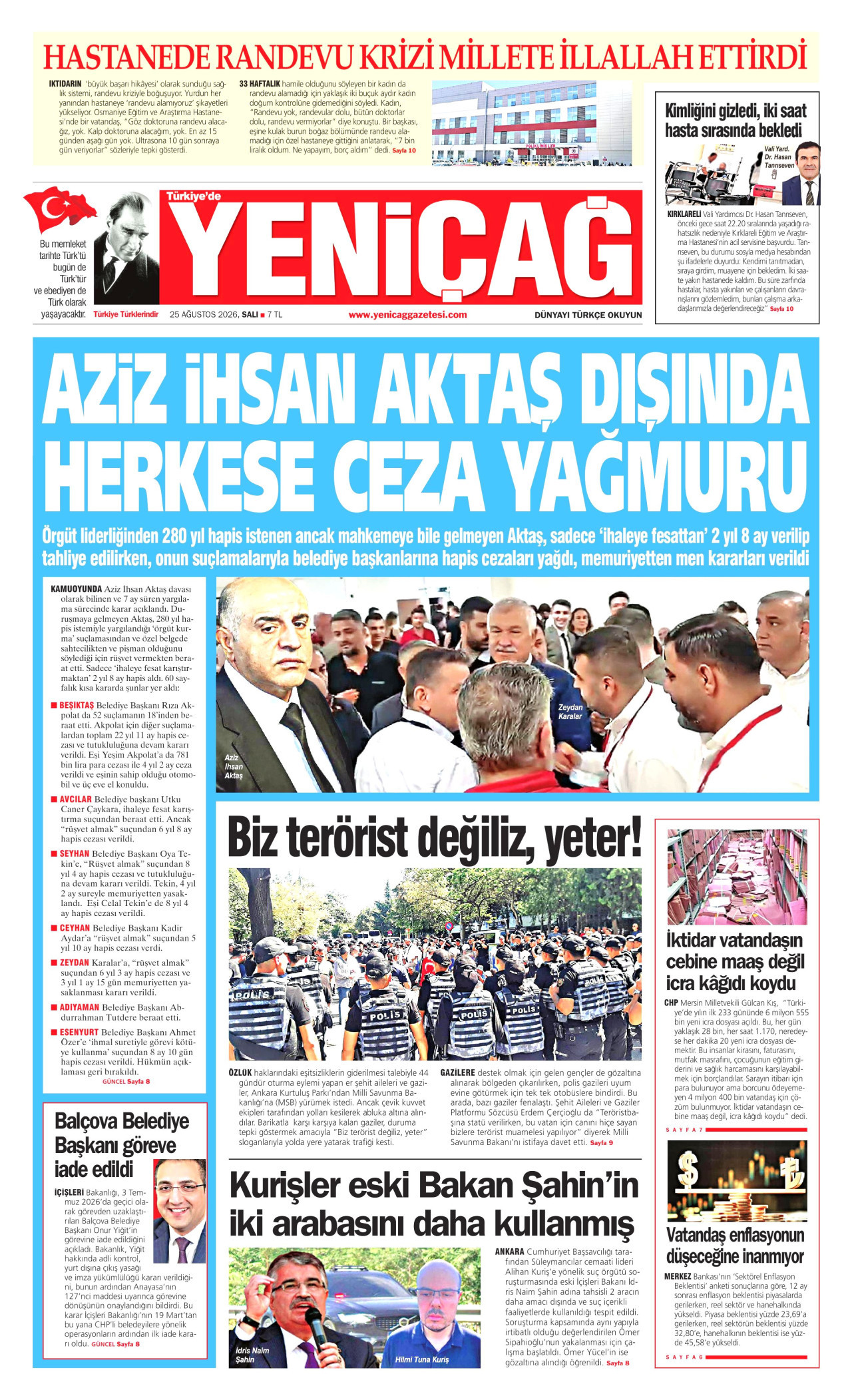 YENİÇAĞ gazetesinin 25 Ağustos 2026 tarihli birinci sayfası