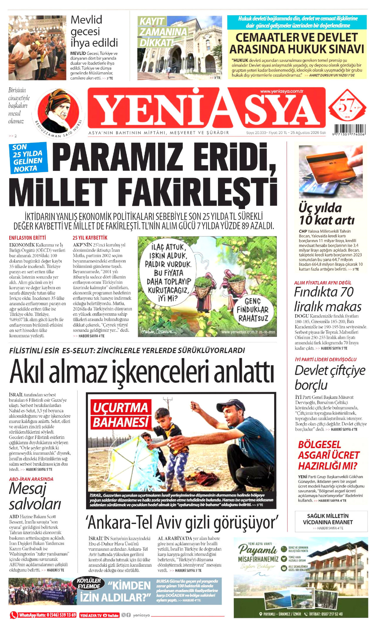 YENİ ASYA gazetesinin 25 Ağustos 2026 tarihli birinci sayfası