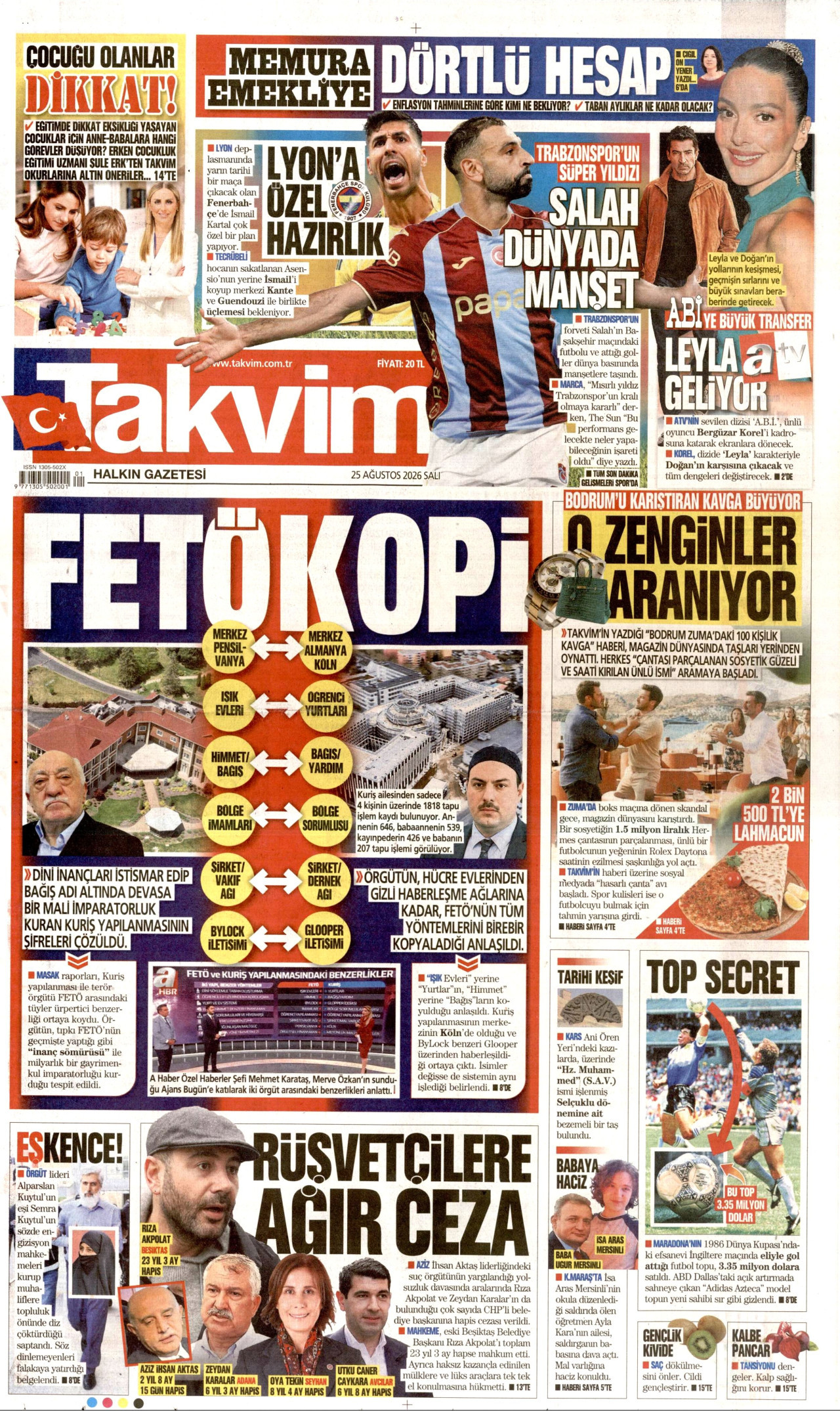 TAKVİM gazetesinin 25 Ağustos 2026 tarihli birinci sayfası