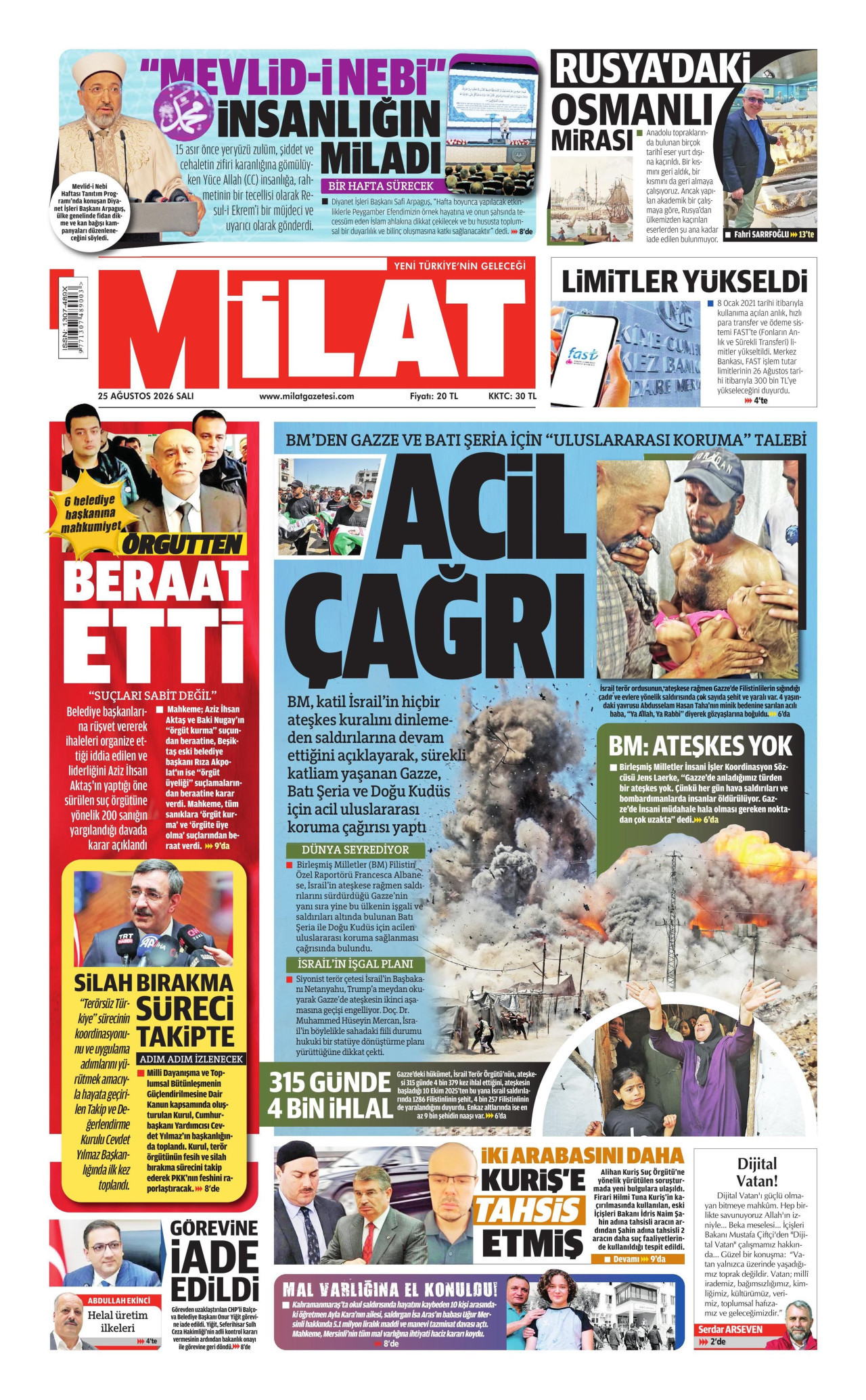 MİLAT gazetesinin 25 Ağustos 2026 tarihli birinci sayfası