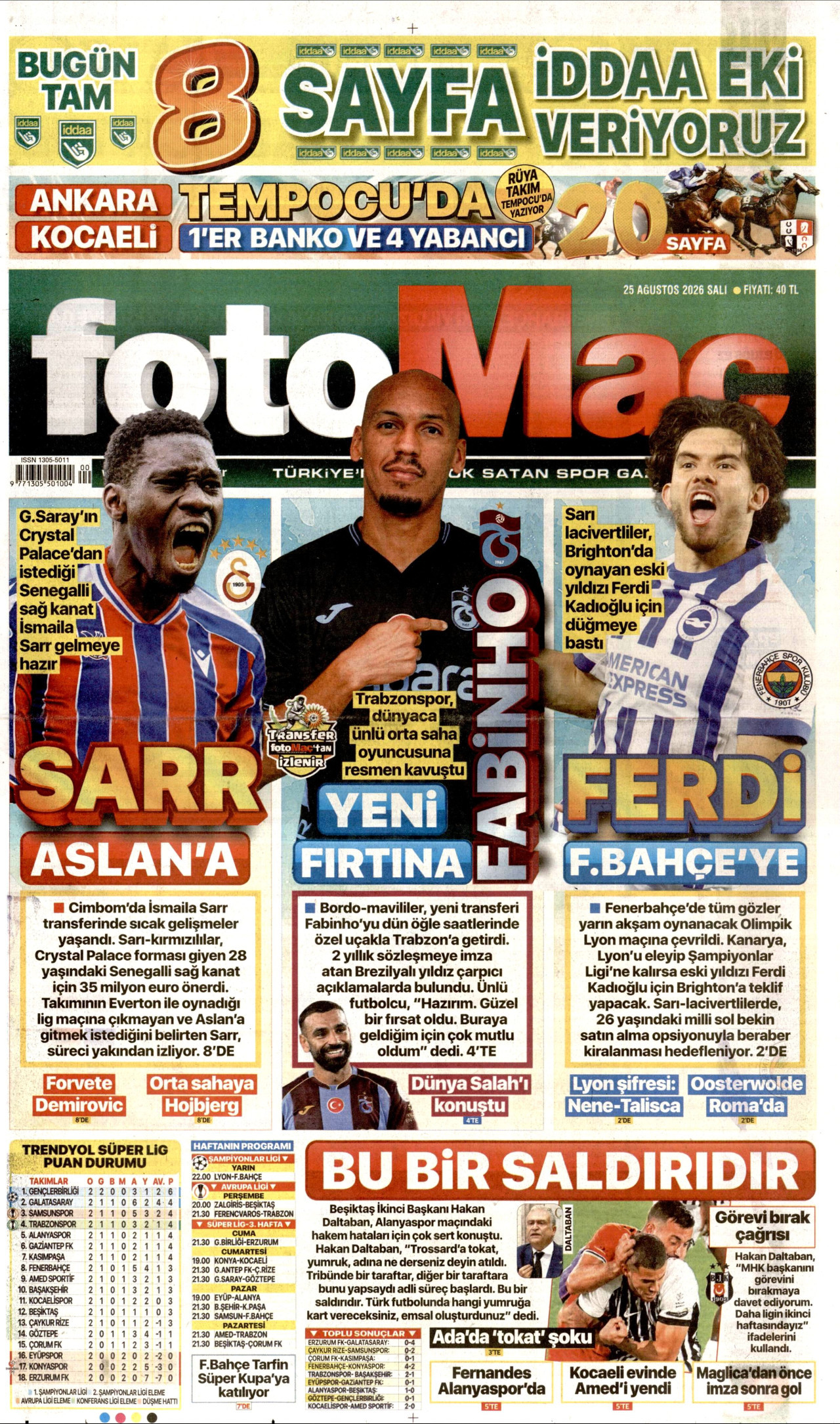 FOTOMAÇ gazetesinin 25 Ağustos 2026 tarihli birinci sayfası