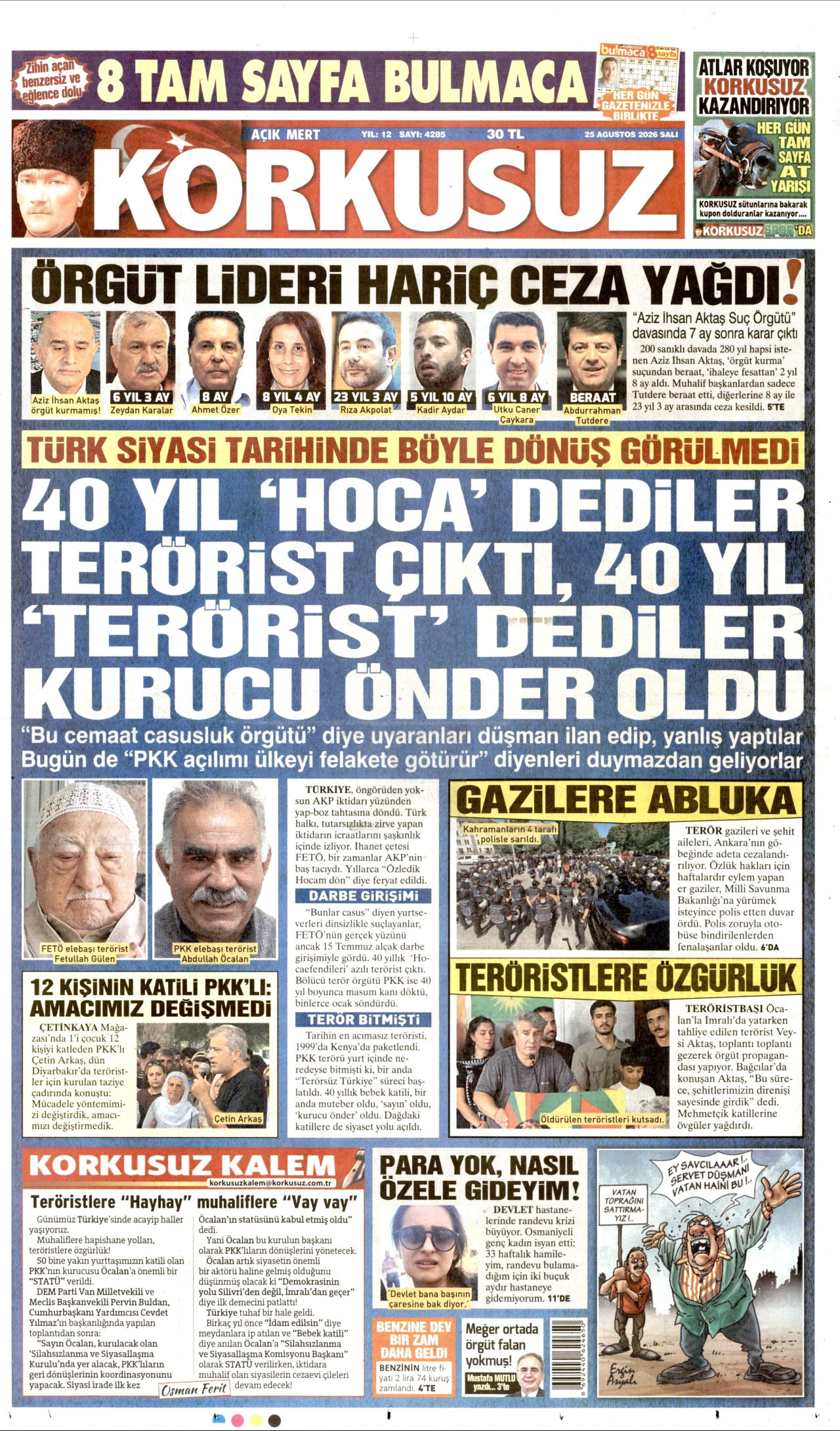 KORKUSUZ gazetesinin 25 Ağustos 2026 tarihli birinci sayfası