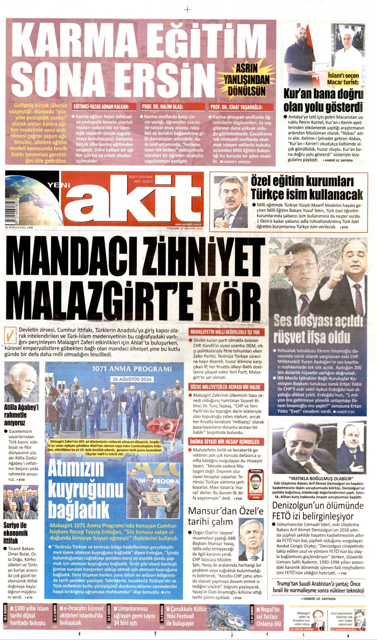 YENİ AKİT 27 Ağustos 2026 Gazete Manşeti Büyük