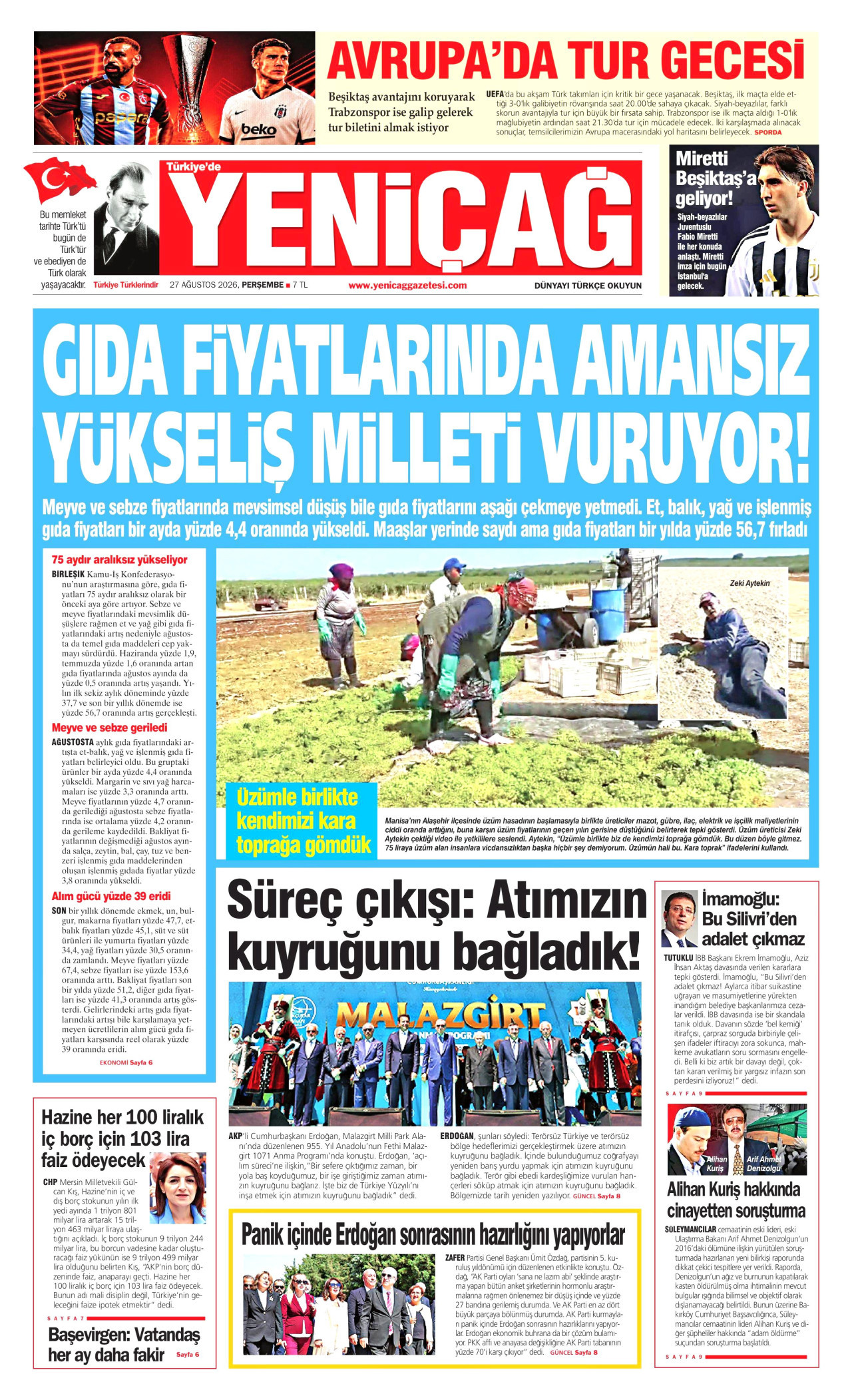 YENİÇAĞ 27 Ağustos 2026 Gazete Manşeti Büyük