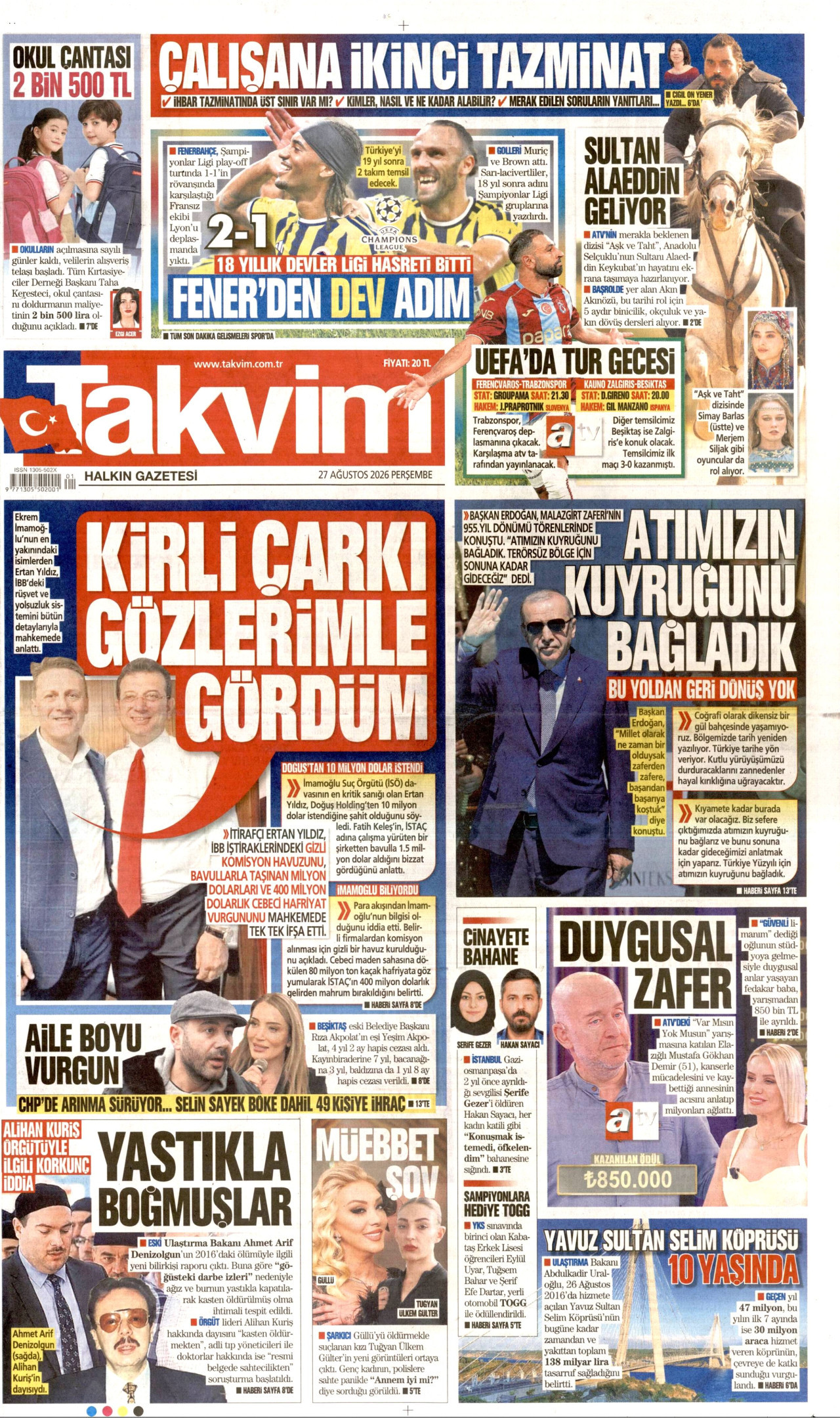 TAKVİM 27 Ağustos 2026 Gazete Manşeti Büyük